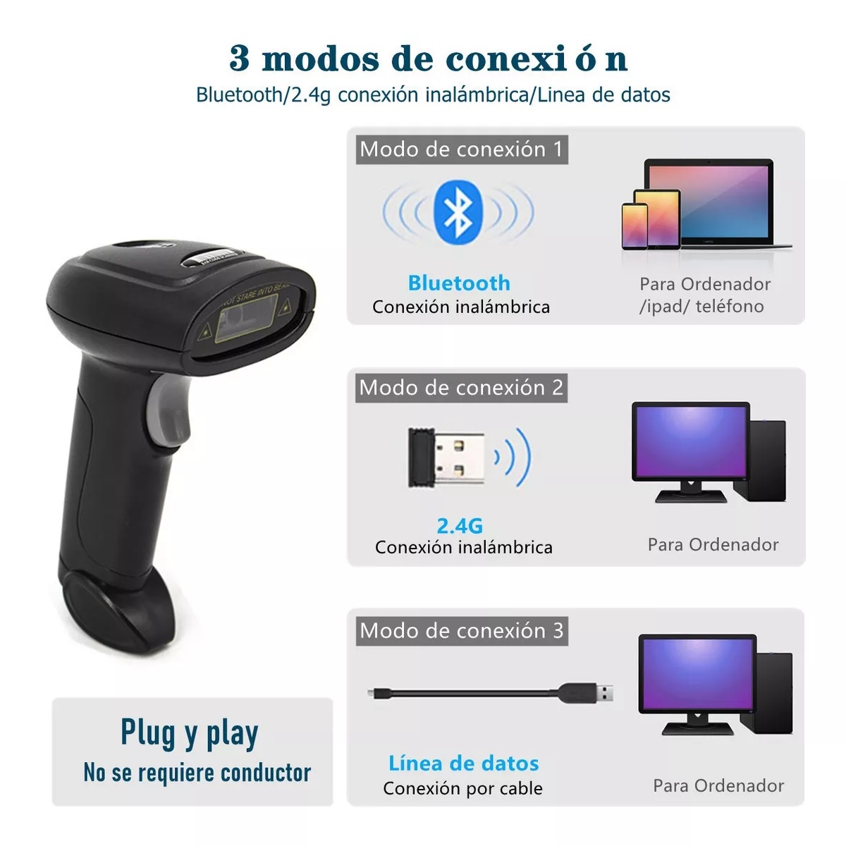 Lector Codigo Barras Inalámbrico 1d/2d Lector Qr Bluetooth Negro