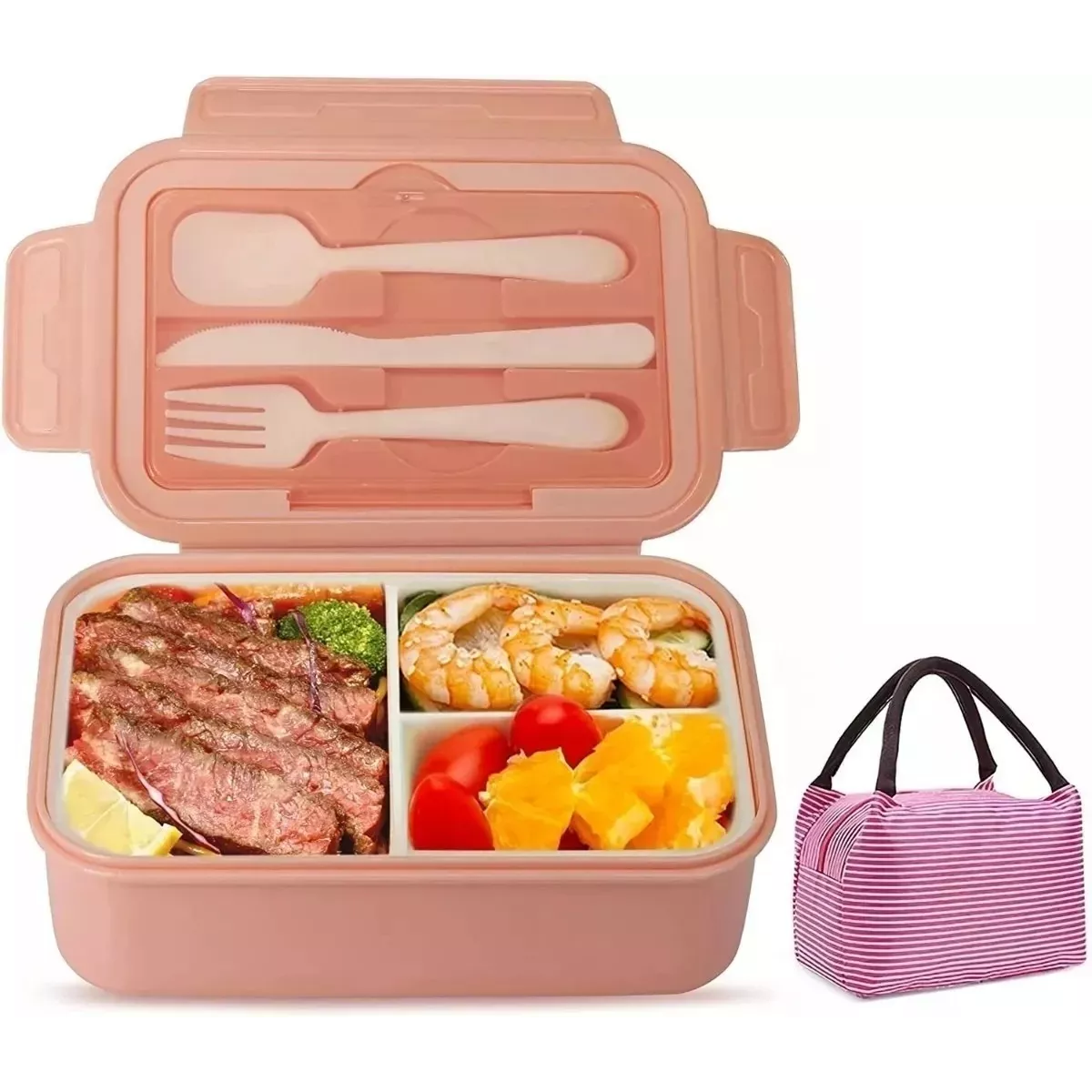 Box Lunch Con Topper Y Cubiertos Capacidad 1100ml+lunchbolsa Rosa
