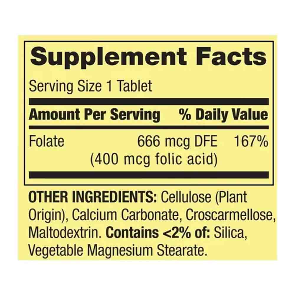 Folate 666mcg DFE Acido Folico 400mcg Spring Valley 250 tabletas