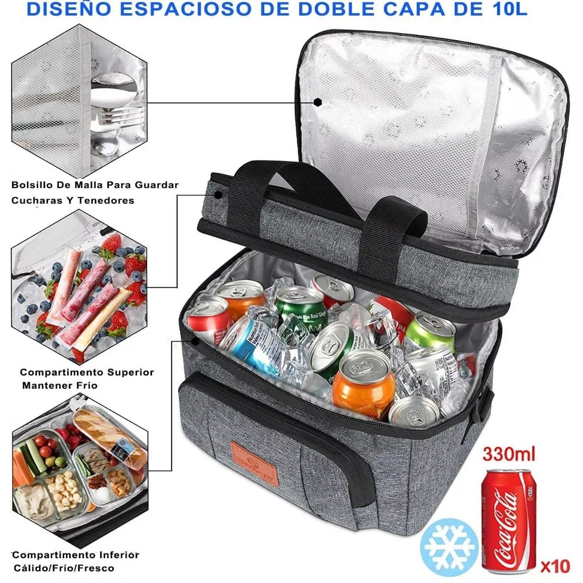Loncheras Térmica De Doble Capa Bolsa De Almuerzo Portátil Gris