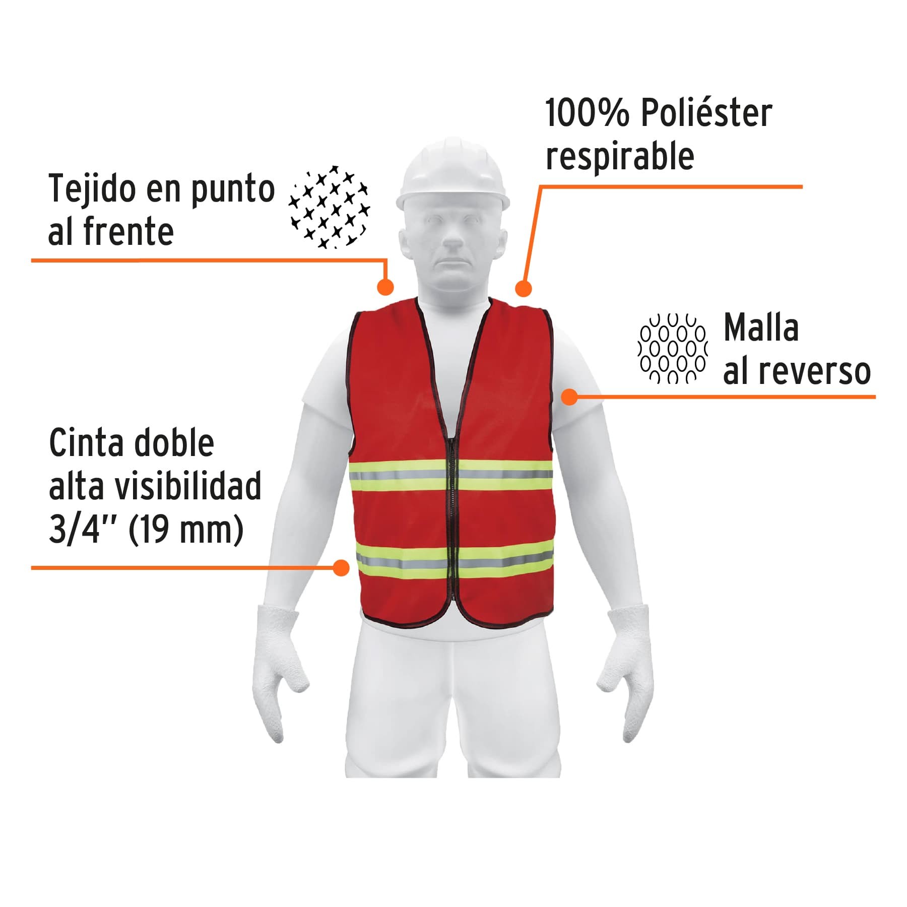 CHALECO DE SEGURIDAD ROJO ALTA VISIBILIDAD CON CIERRE TRUPER 15417