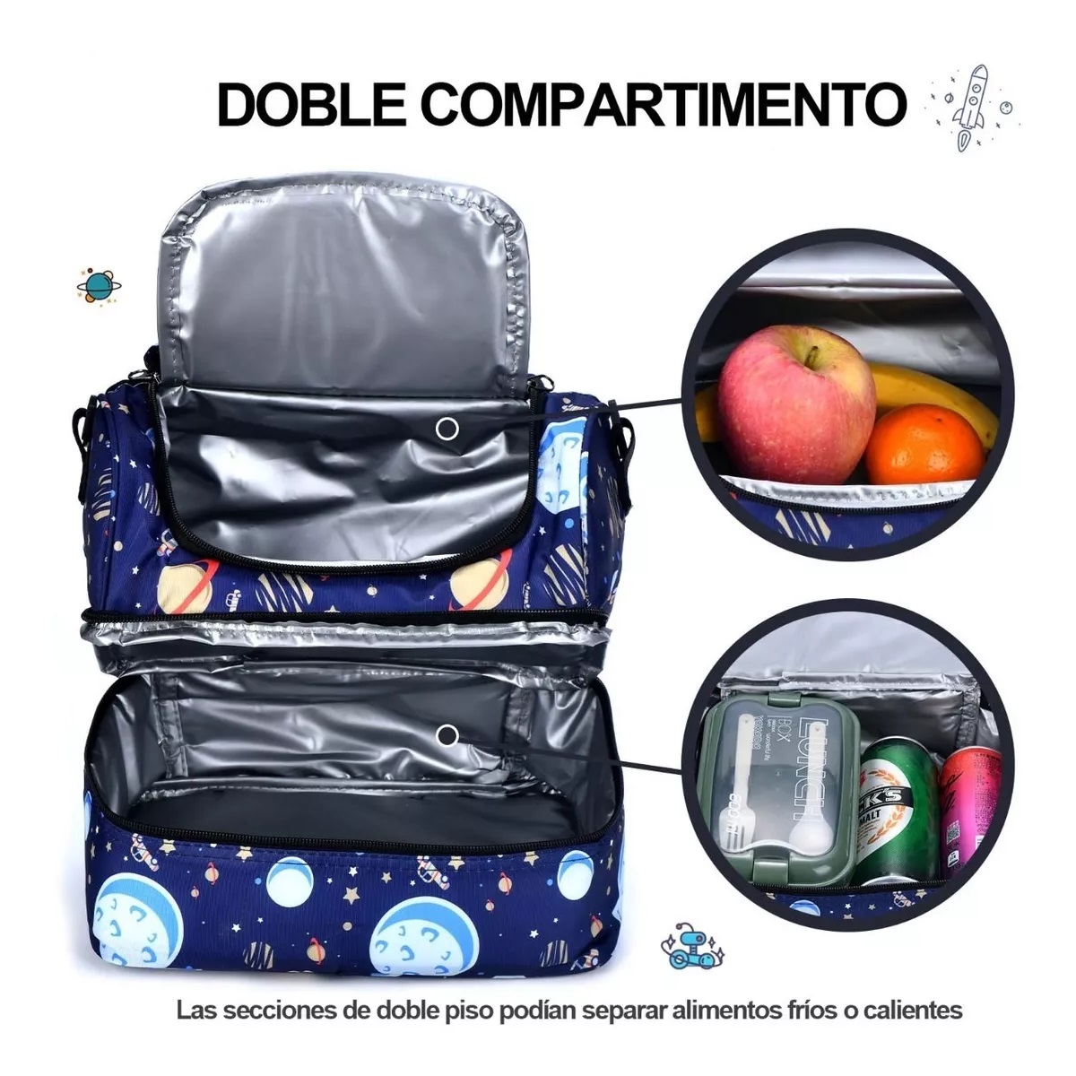 Lonchera Térmica Doble Bolsa De Almuerzo Hombro Para Niños Azul Oscuro