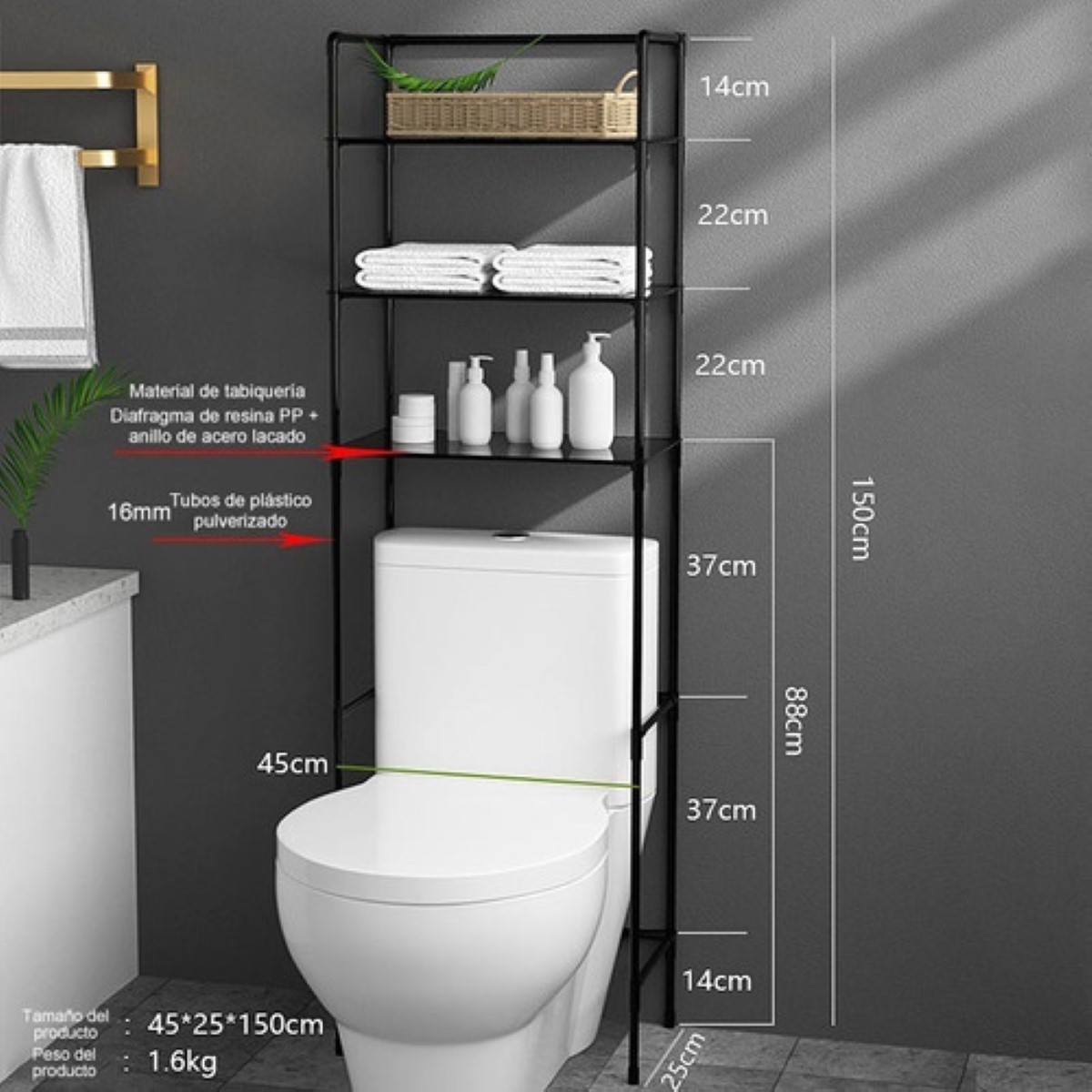 Toallero Mueble Organizador Baño Rack Estante Sanitario Negro