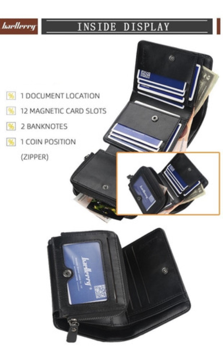 Cartera Tarjetas Billetera De Lujo Cuero Hombre Tres Carpeta Negro