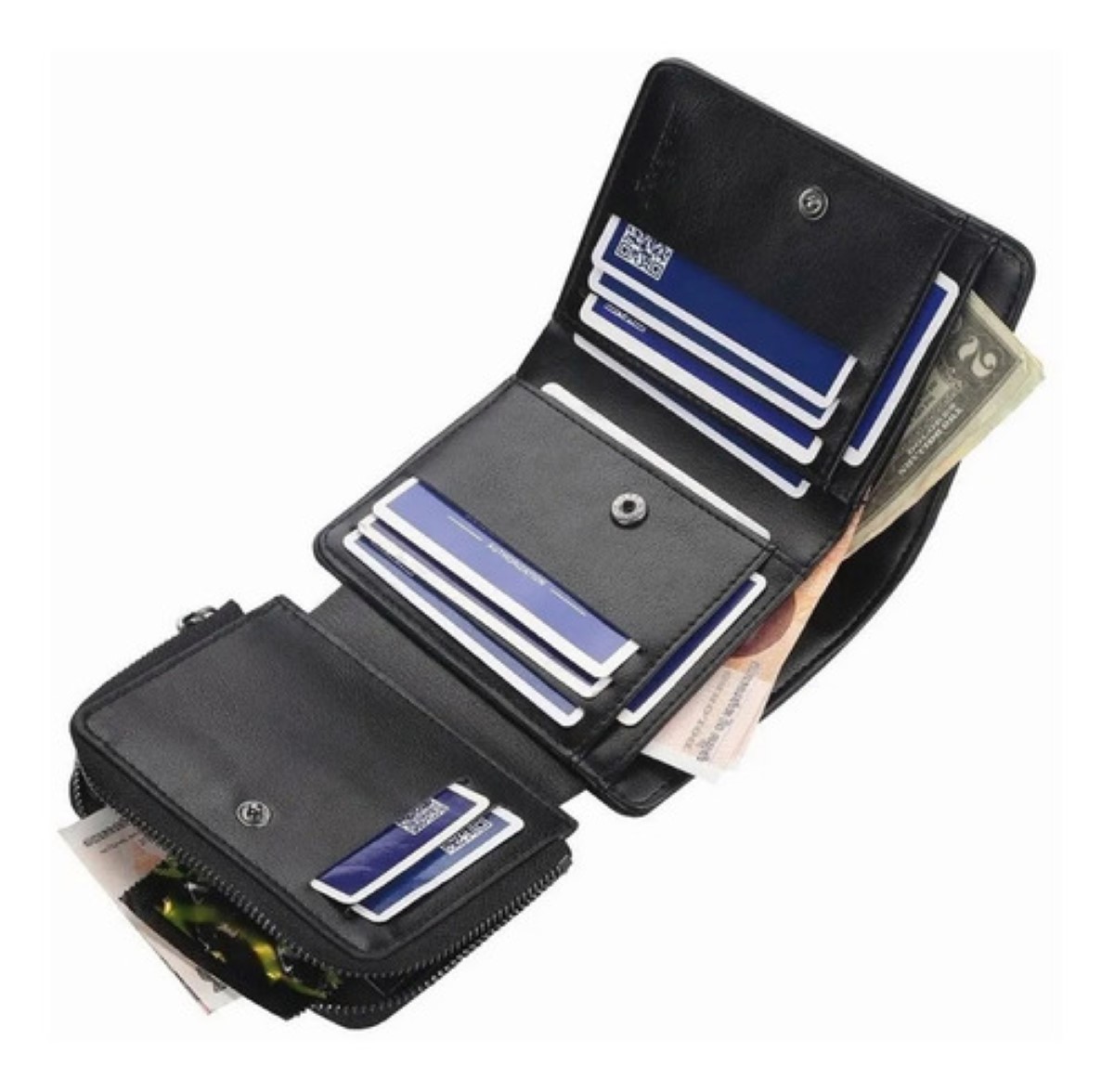 Cartera Tarjetas Billetera De Lujo Cuero Hombre Tres Carpeta Negro