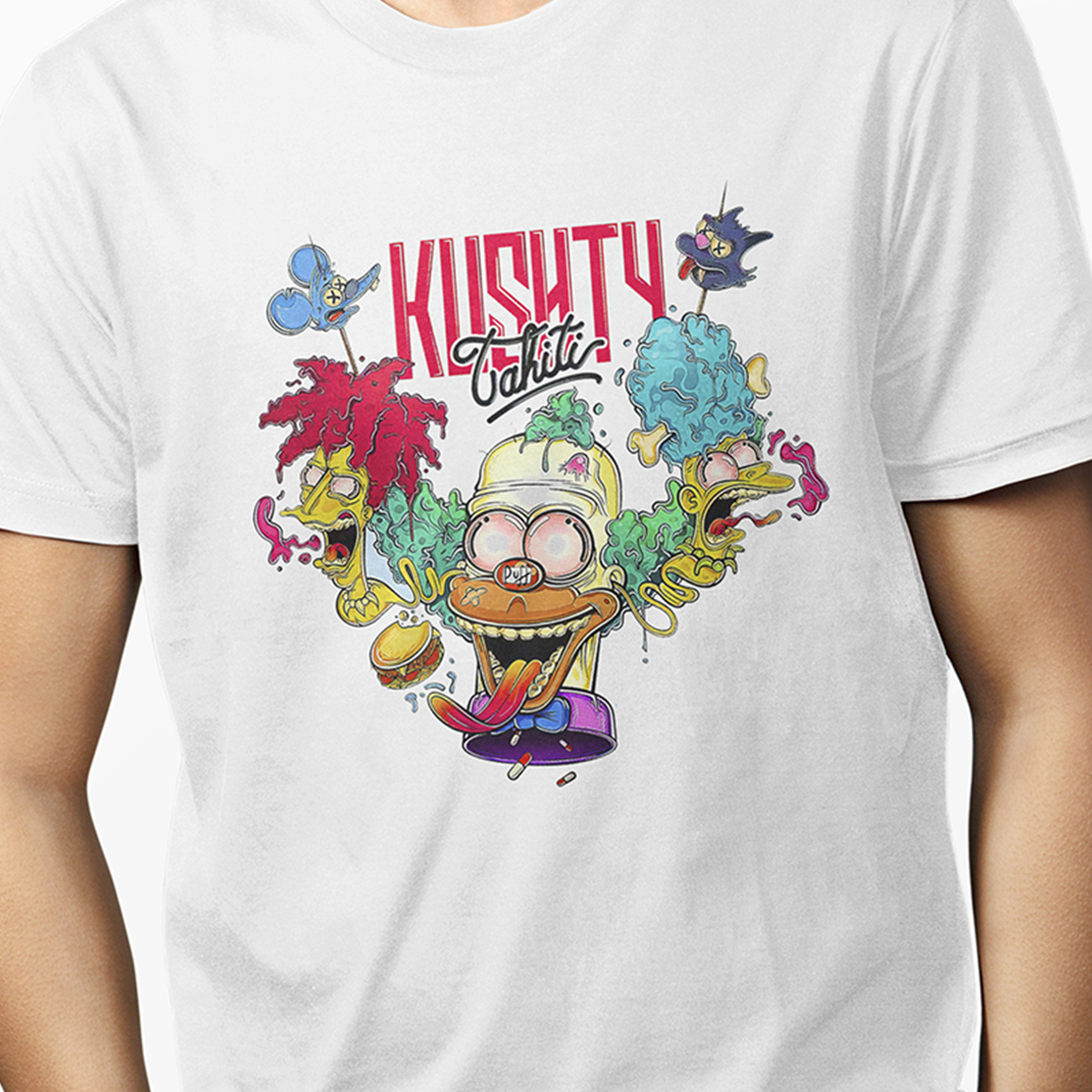Playera Urbana Blanca para hombre Los Simpson: Krusty, Melvin, Bob Patiño