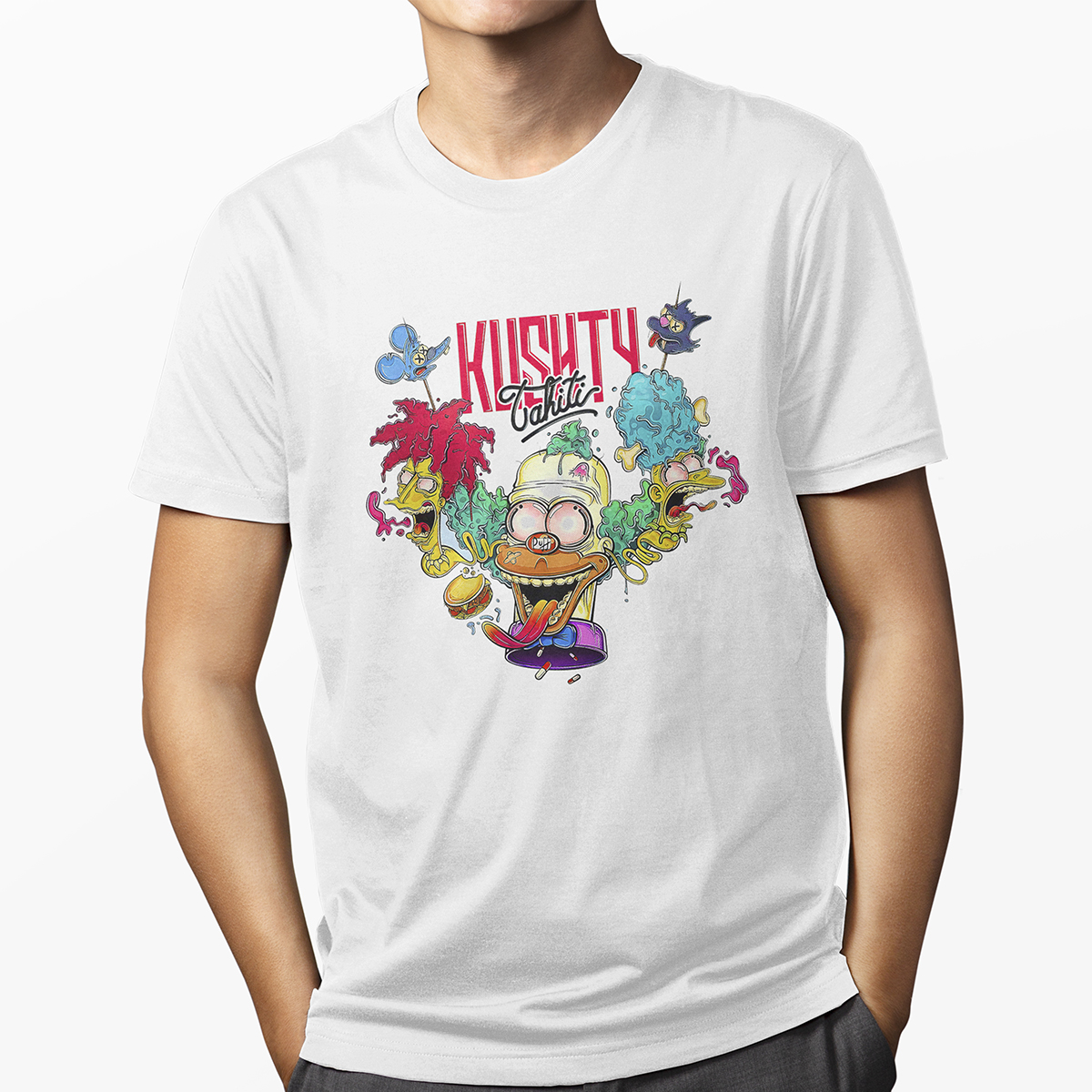 Playera Urbana Blanca para hombre Los Simpson: Krusty, Melvin, Bob Patiño