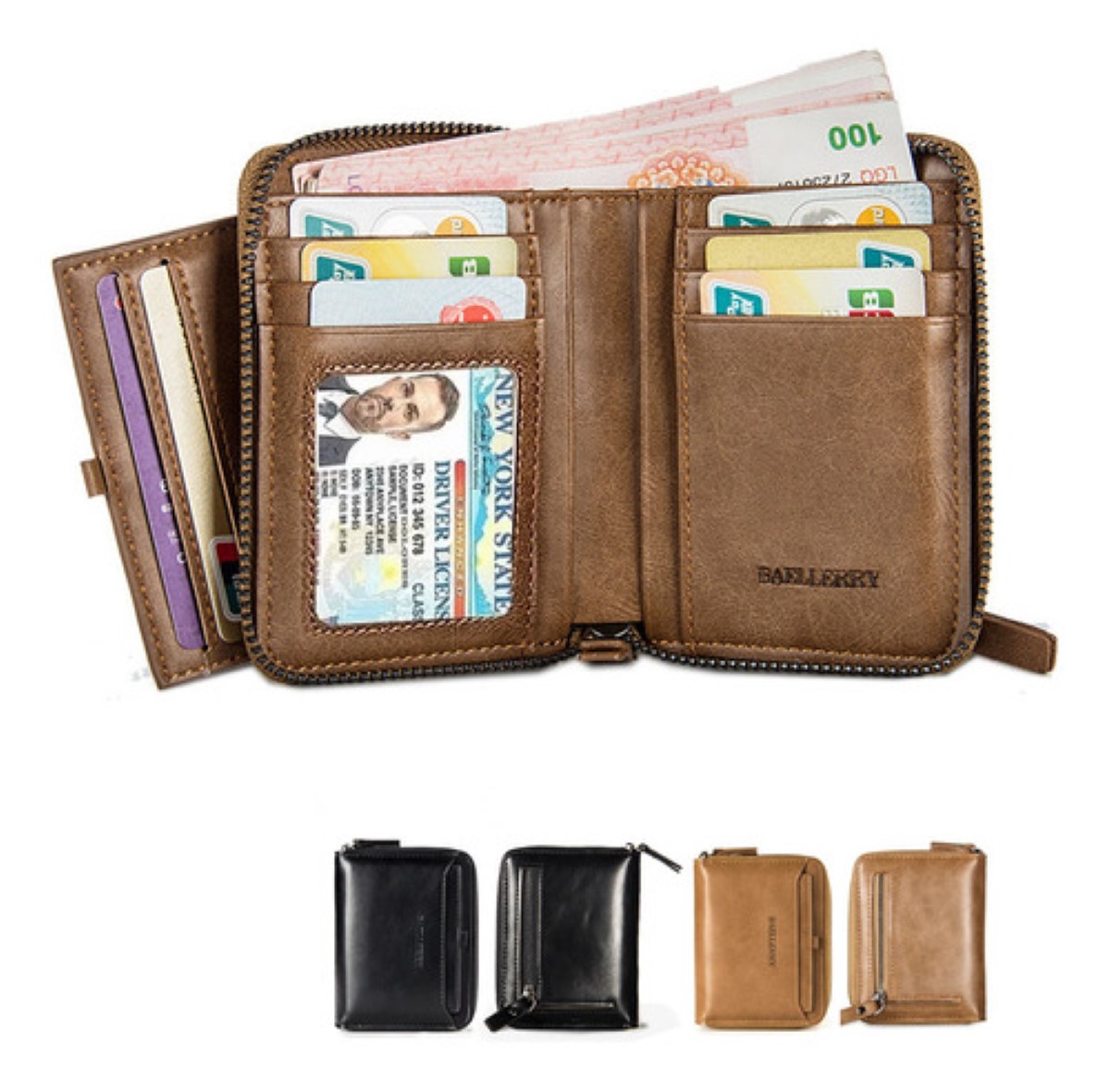 Cartera Hombre Billetera Corta Cierre Moneda Porta Tarjetera Marrón