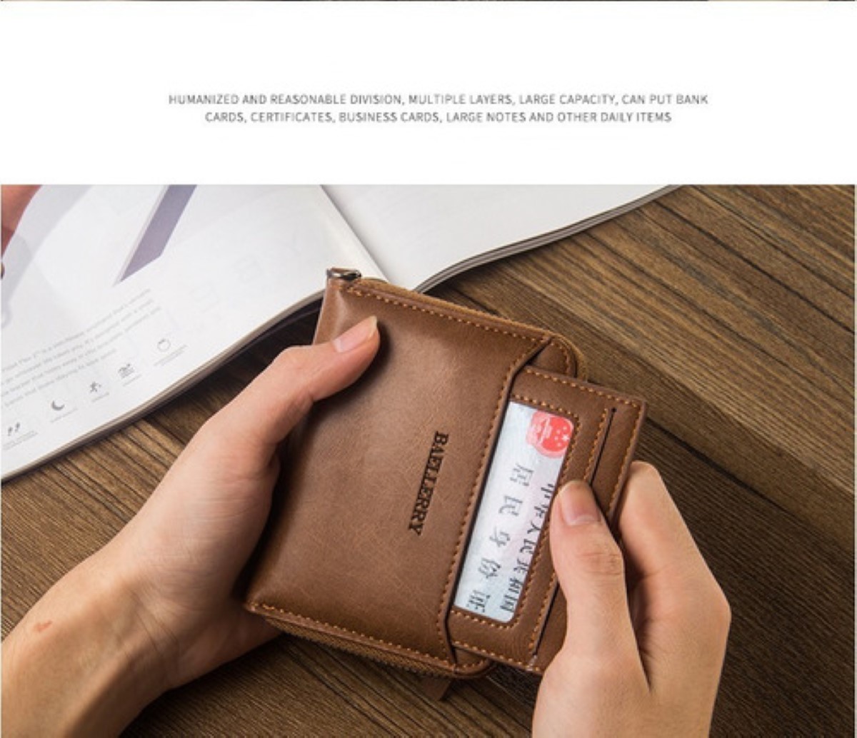 Cartera Hombre Billetera Corta Cierre Moneda Porta Tarjetera Marrón