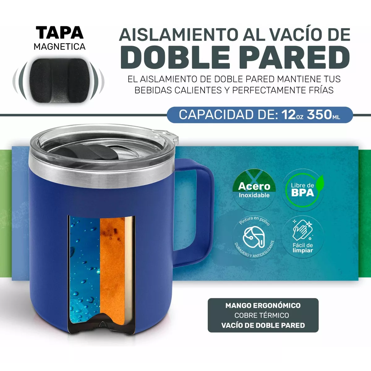 Taza Para Café - Doble Capa Antiderrame Multifuncional 12oz Azul Fuerte