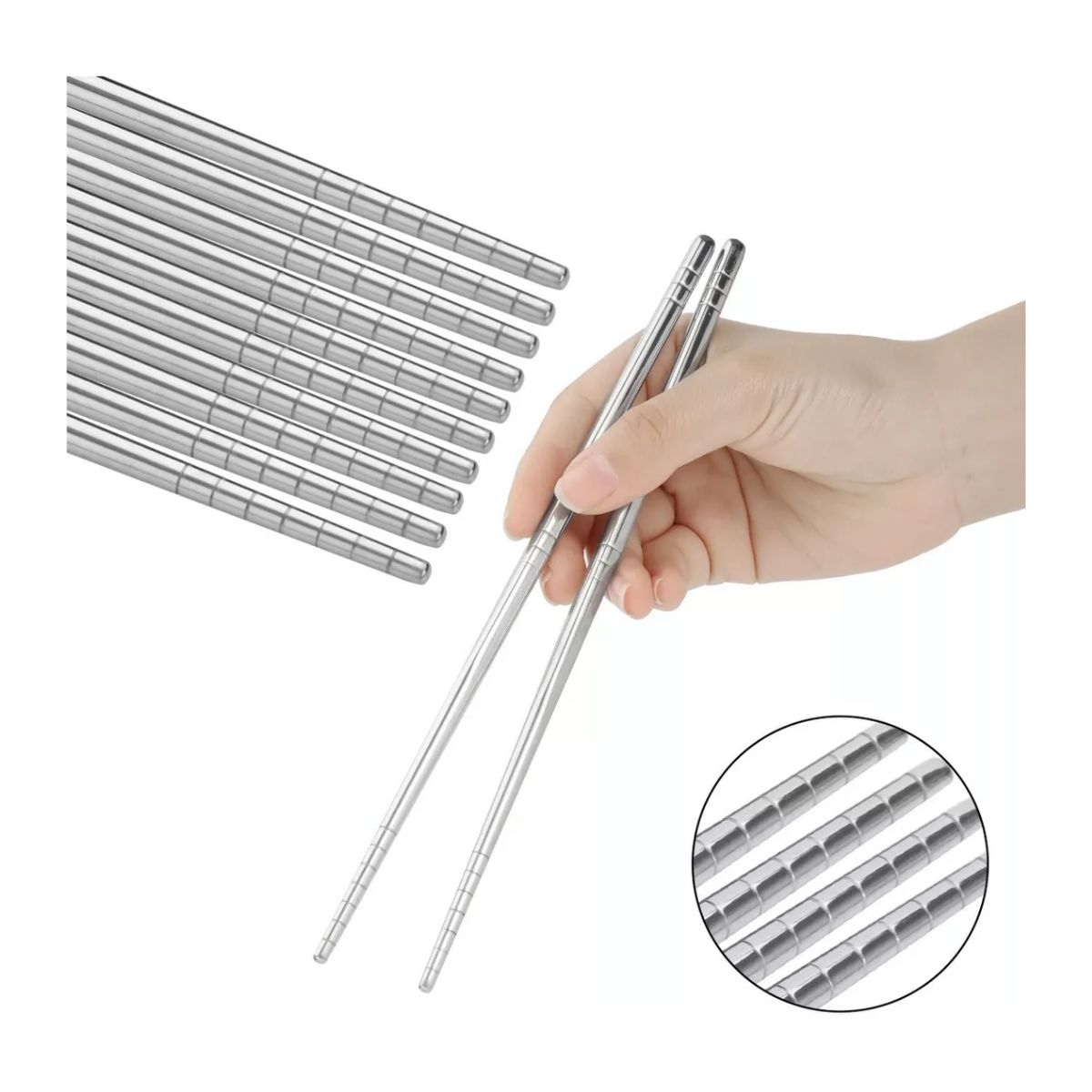 Palillos Chinos De Acero Inoxidable, 5 Pares Gris