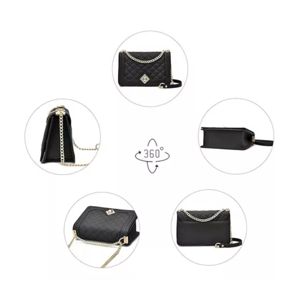 Bandolera Negra Mujer Bolsa Cosméticos Con Cadena De Metal Negro