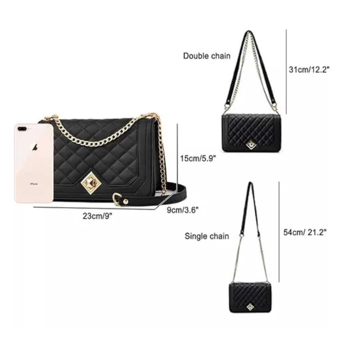 Bandolera Negra Mujer Bolsa Cosméticos Con Cadena De Metal Negro