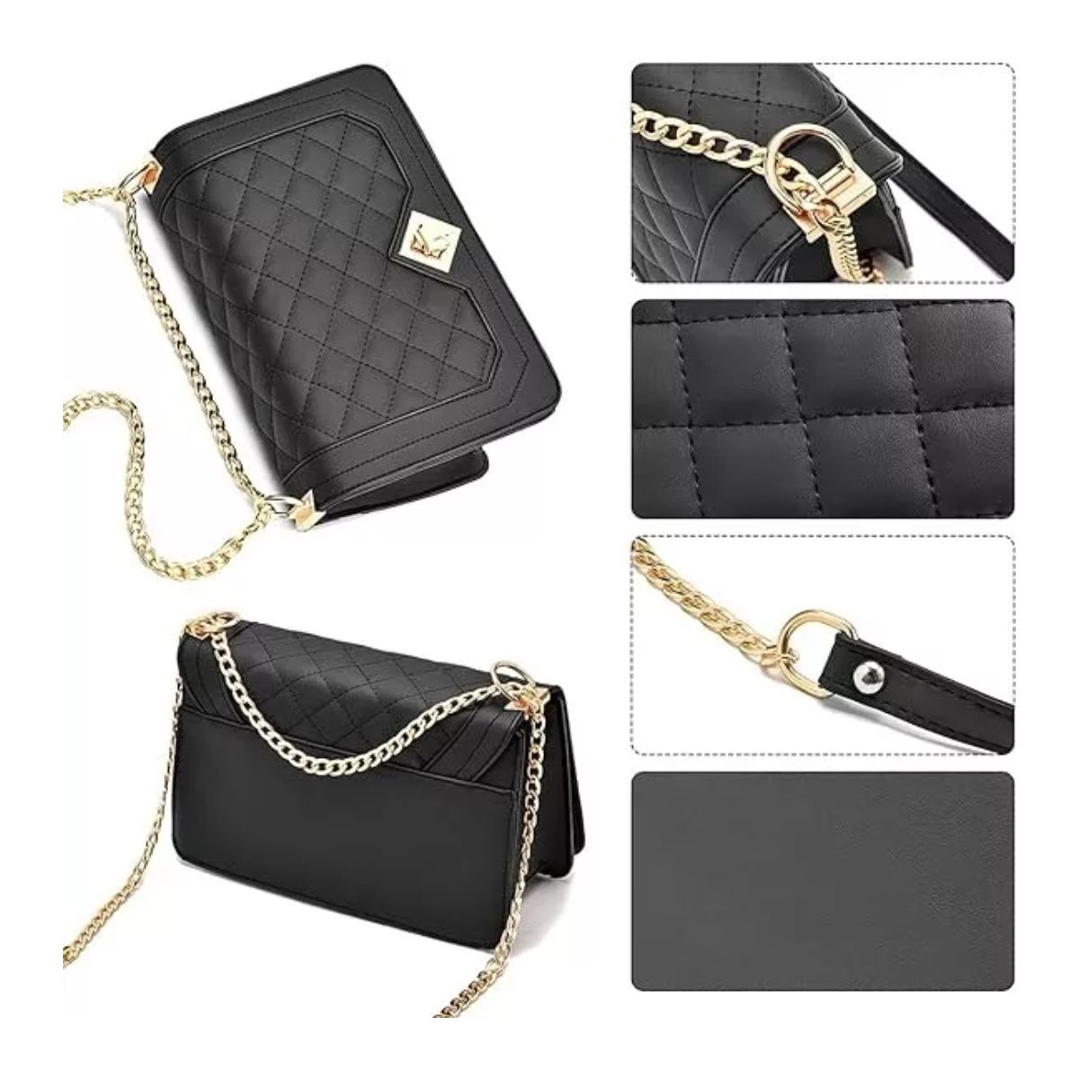 Bandolera Negra Mujer Bolsa Cosméticos Con Cadena De Metal Negro