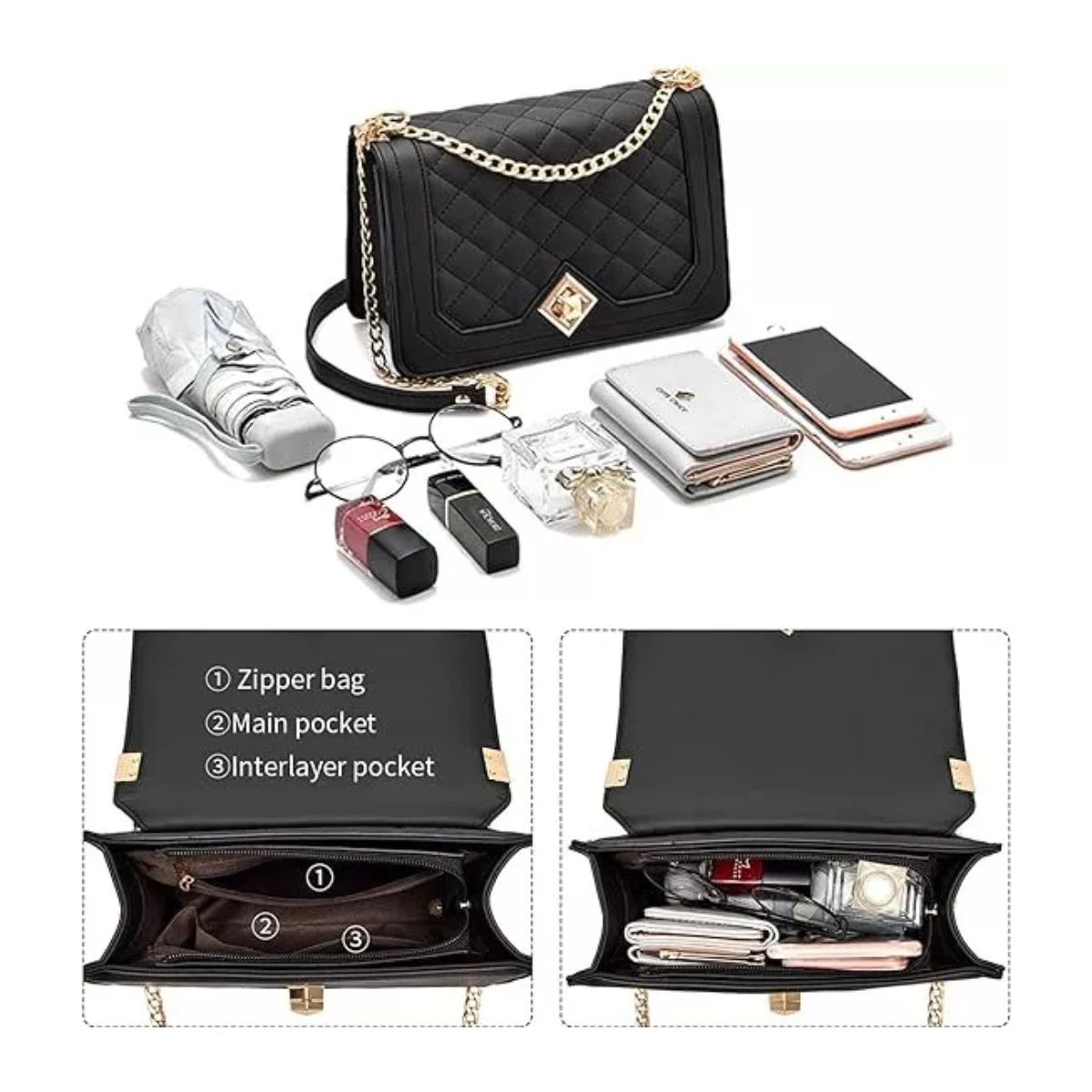 Bandolera Negra Mujer Bolsa Cosméticos Con Cadena De Metal Negro