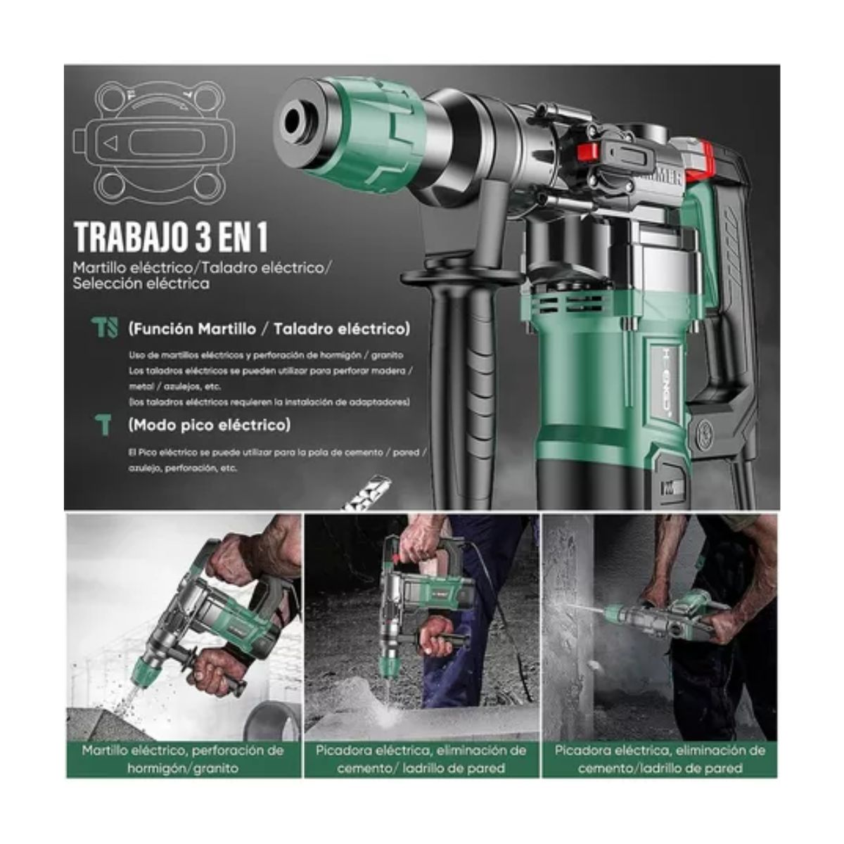 Taladro Rotomartillo Cincelador Perforador Sds Demoledor NEGRO/VERDE