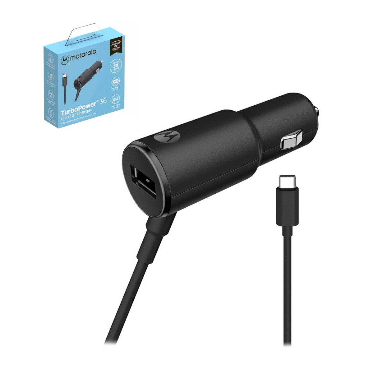 Cargador Auto MOTOROLA 36W Doble salida USB y Cable tipo C.