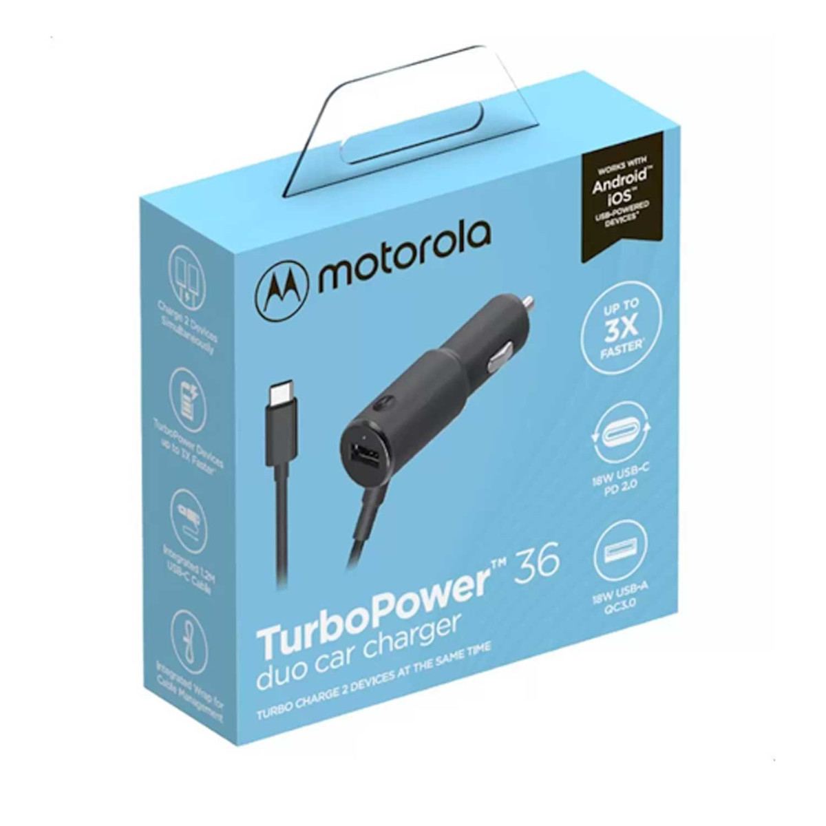 Cargador Auto MOTOROLA 36W Doble salida USB y Cable tipo C.
