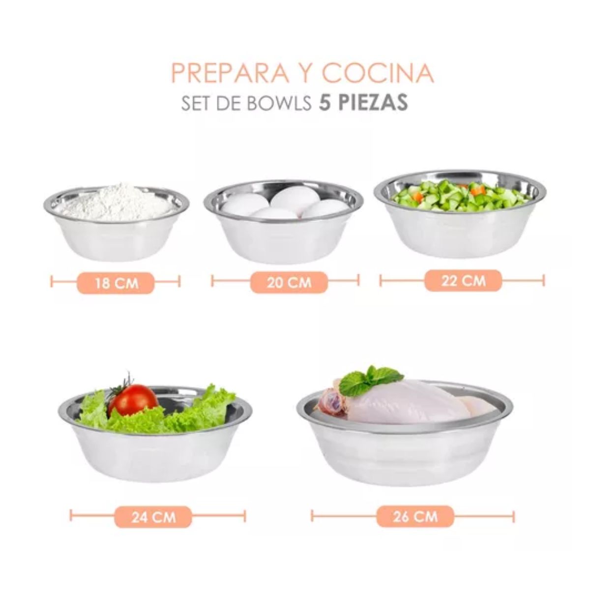 Set Juego Bowls Bowl Tazon Acero Inoxidable 5 P Tazones Plata 