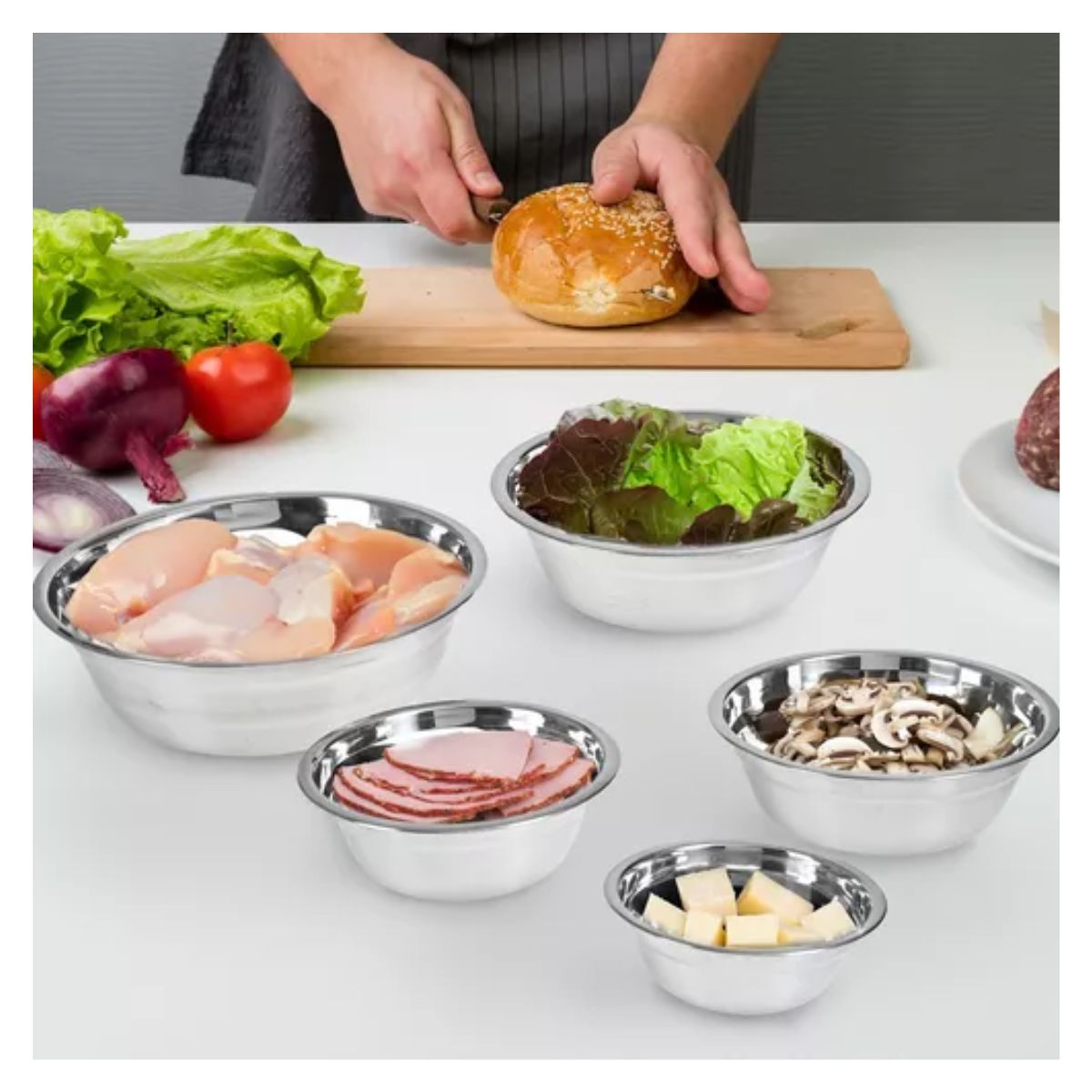 Set Juego Bowls Bowl Tazon Acero Inoxidable 5 P Tazones Plata 