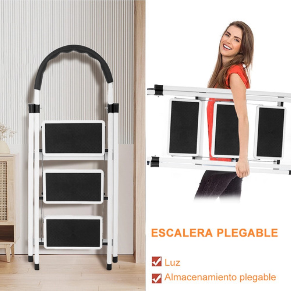 Escalera De Acero Inoxidable De 3 Peldaños Plegable Blanco