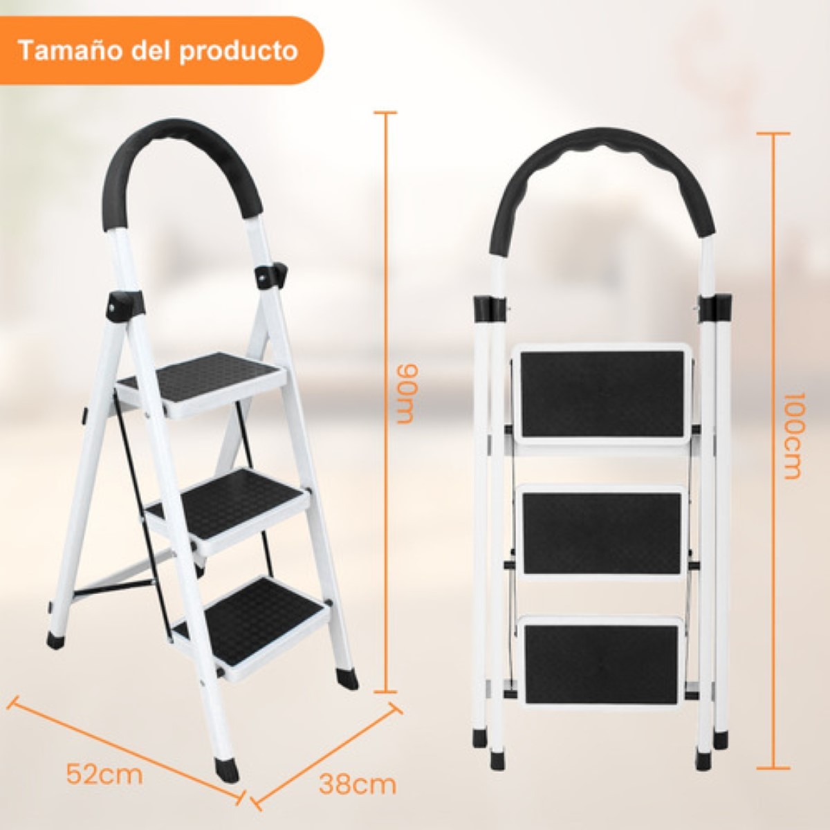 Escalera De Acero Inoxidable De 3 Peldaños Plegable Blanco