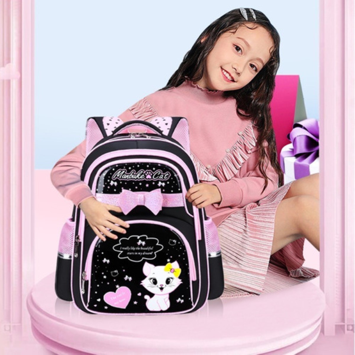Mochila De Cuero Pu Impermeable Para Niña Preescolar Primaria De Gatito Con Lapicera nEGRO