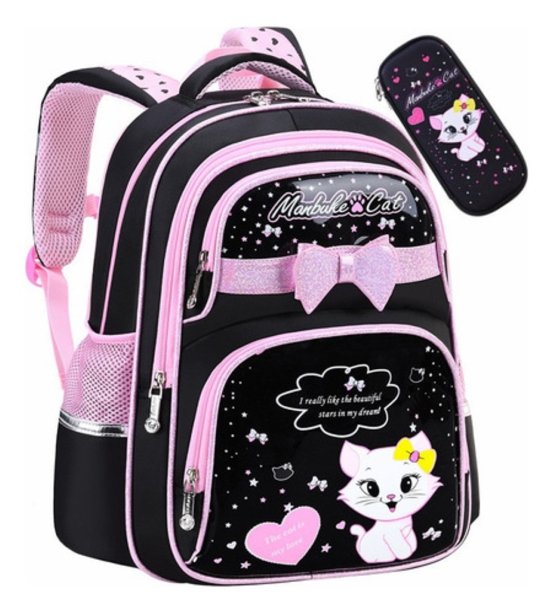 Mochila De Cuero Pu Impermeable Para Niña Preescolar Primaria De Gatito Con Lapicera nEGRO