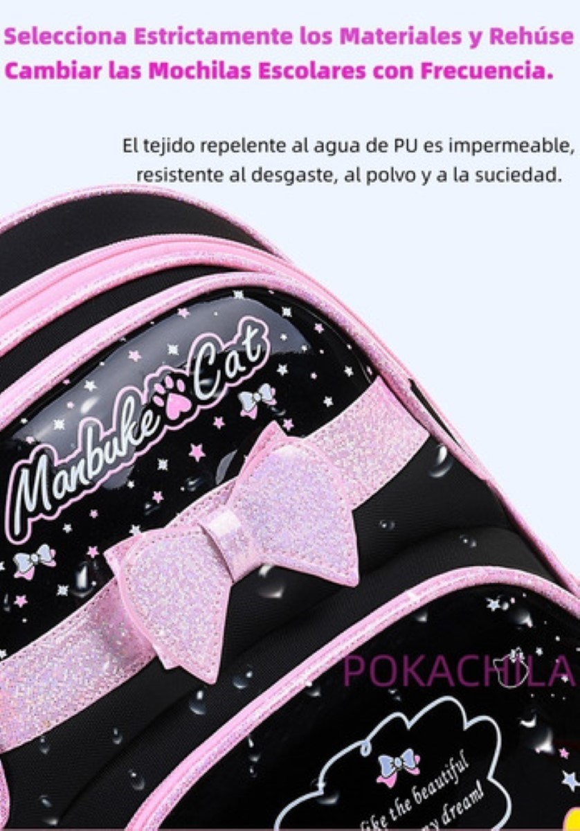 Mochila De Cuero Pu Impermeable Para Niña Preescolar Primaria De Gatito Con Lapicera nEGRO