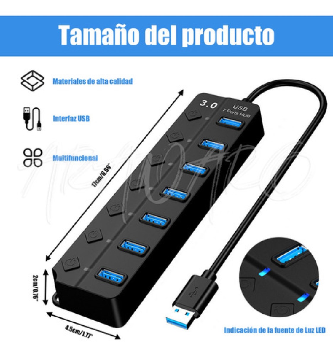 Hub Usb Con 7 Puertos Usb 3.0 Multicontacto Negro