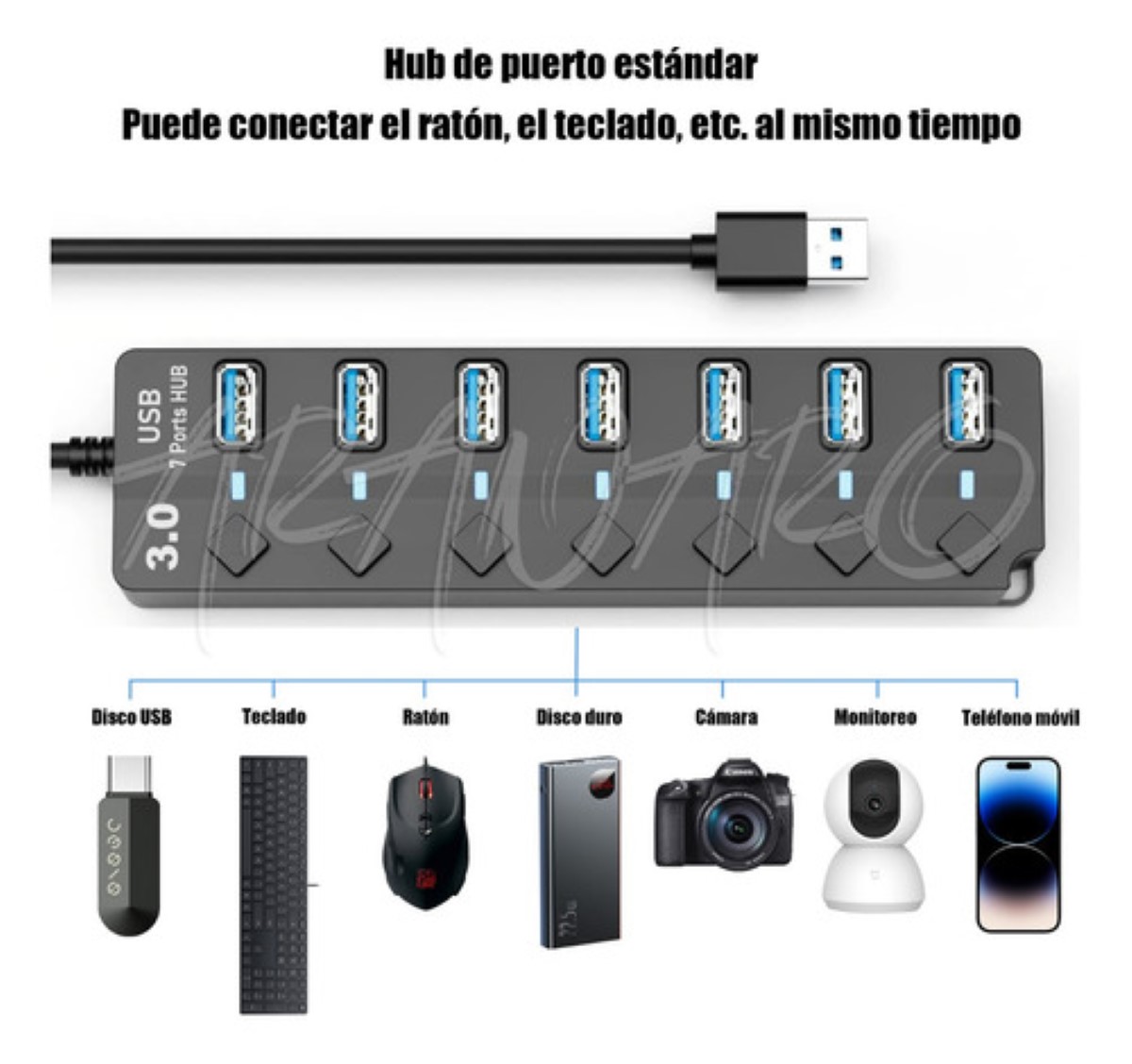 Hub Usb Con 7 Puertos Usb 3.0 Multicontacto Negro