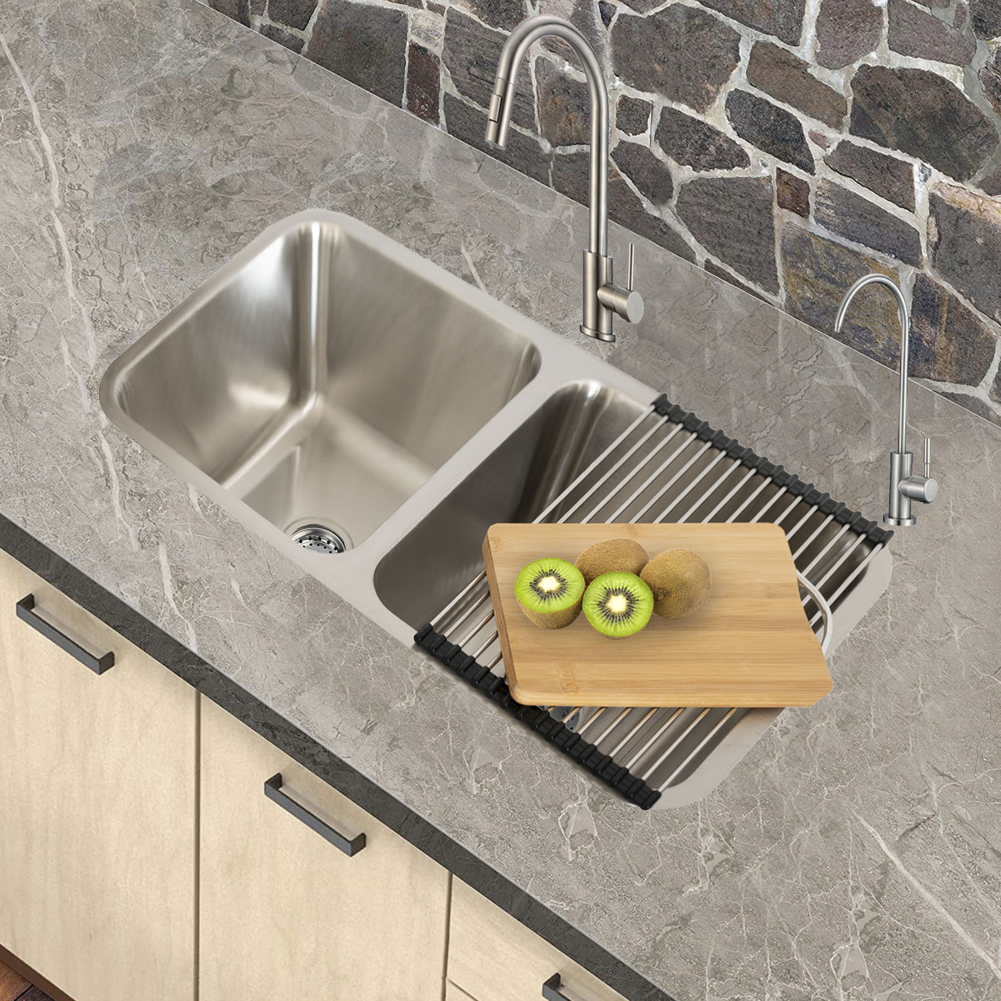 Tarja Doble de Submontar en Acero Inoxidable Calibre 22, (Medidas 82 cm x 47 cm), Profundidad de 22 cm.