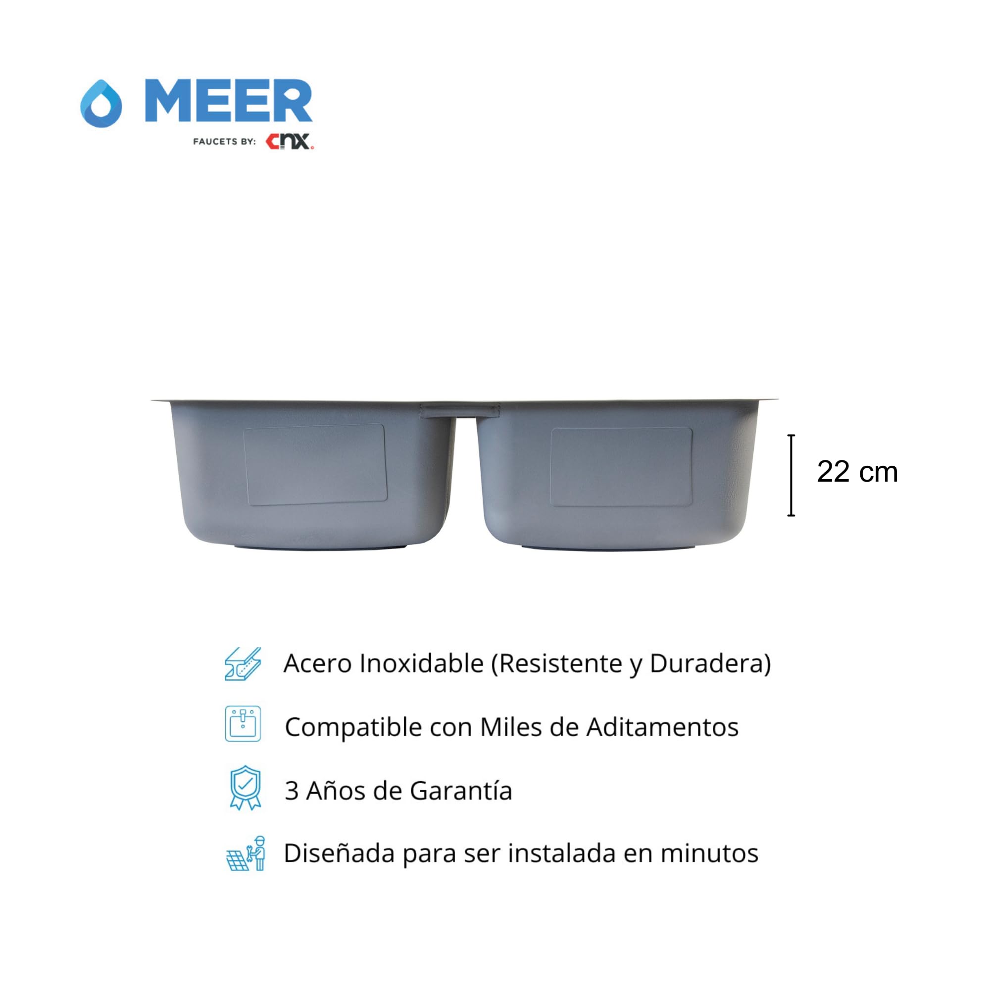 Tarja Doble de Submontar en Acero Inoxidable Calibre 22, (Medidas 82 cm x 47 cm), Profundidad de 22 cm.