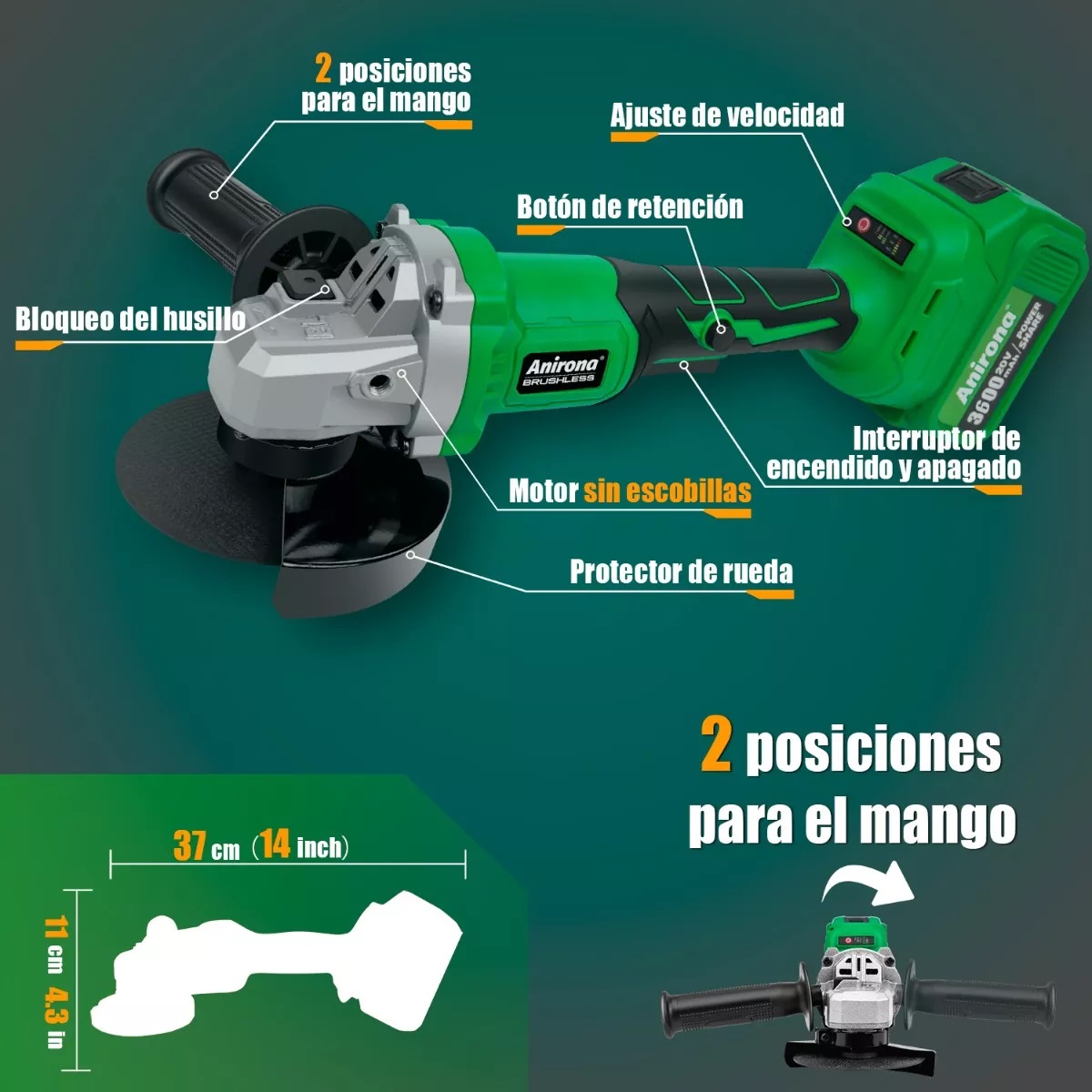 Esmeriladora Angular Inalámbrica 4-1/2 Sin Carbones Verde