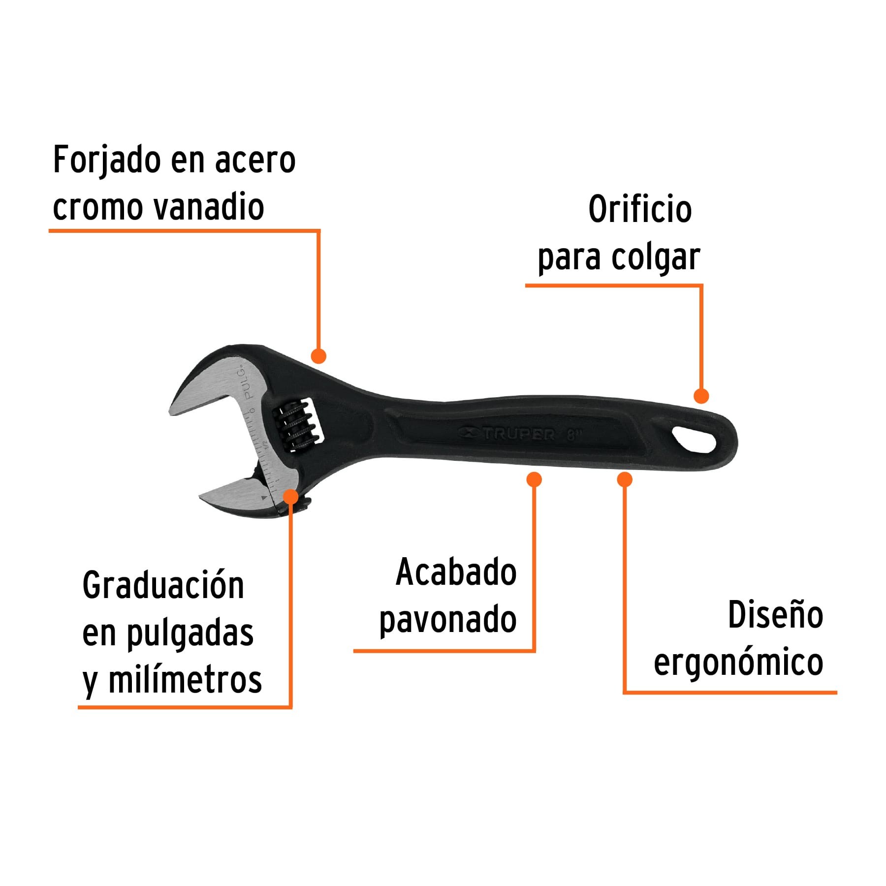 LLAVE AJUSTABLE (PERICO) 8" PROFESIONAL PAVONADA, TRUPER EXPERT 15501
