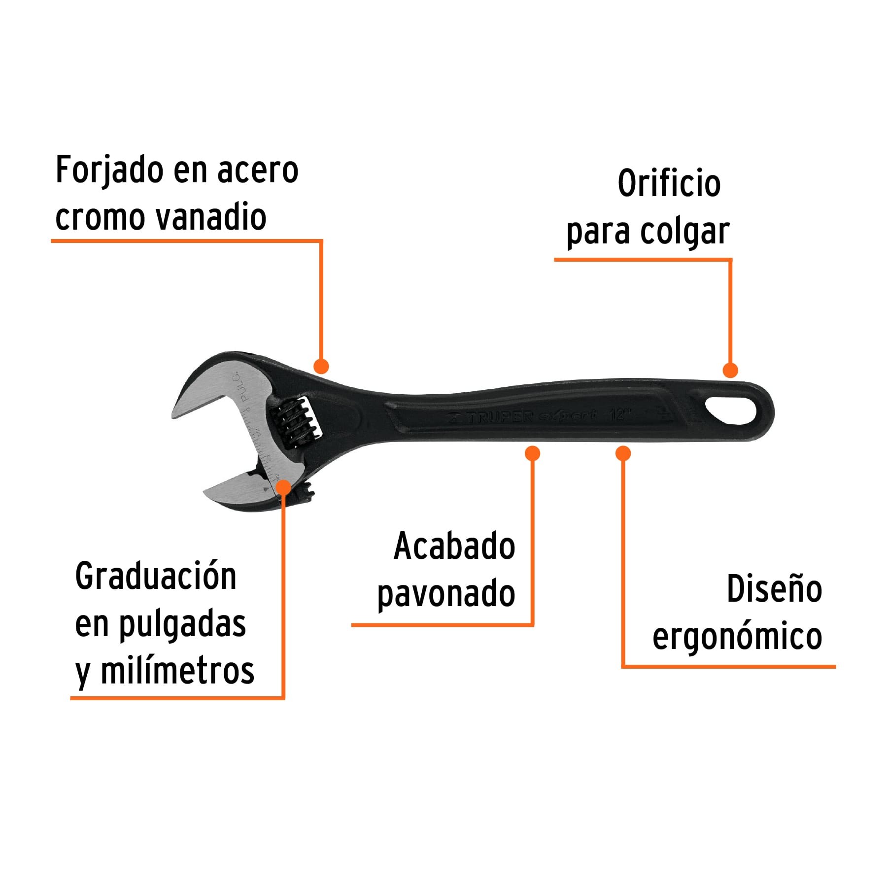LLAVE AJUSTABLE (PERICO) 12" PROFESIONAL PAVONADA, TRUPER EXPERT 15503