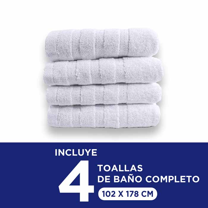 Toalla Baño Completo Blanca 4 piezas 100% Algodon 102x178 - Hokins