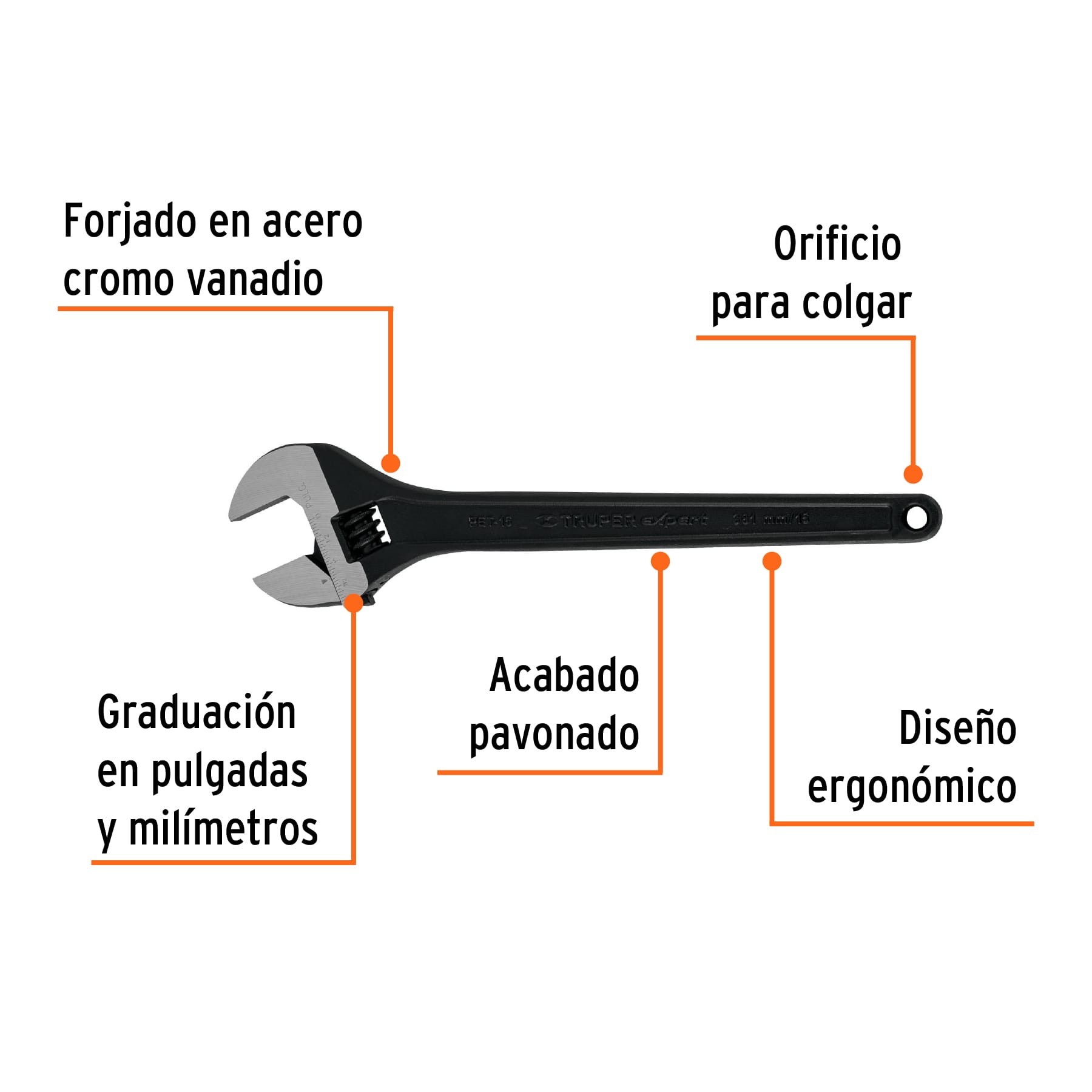 LLAVE AJUSTABLE (PERICO) 15" PROFESIONAL PAVONADA, TRUPER EXPERT 15504