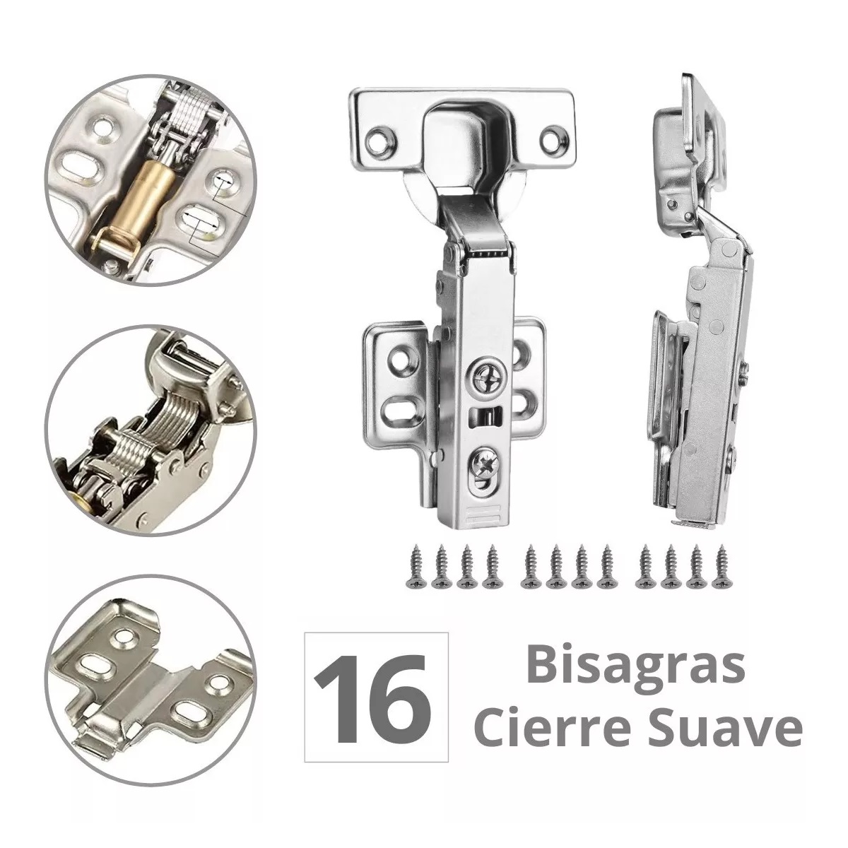 Kit Bisagra Bidimensional Recta Cierre Suave Níquel 16 Piezas