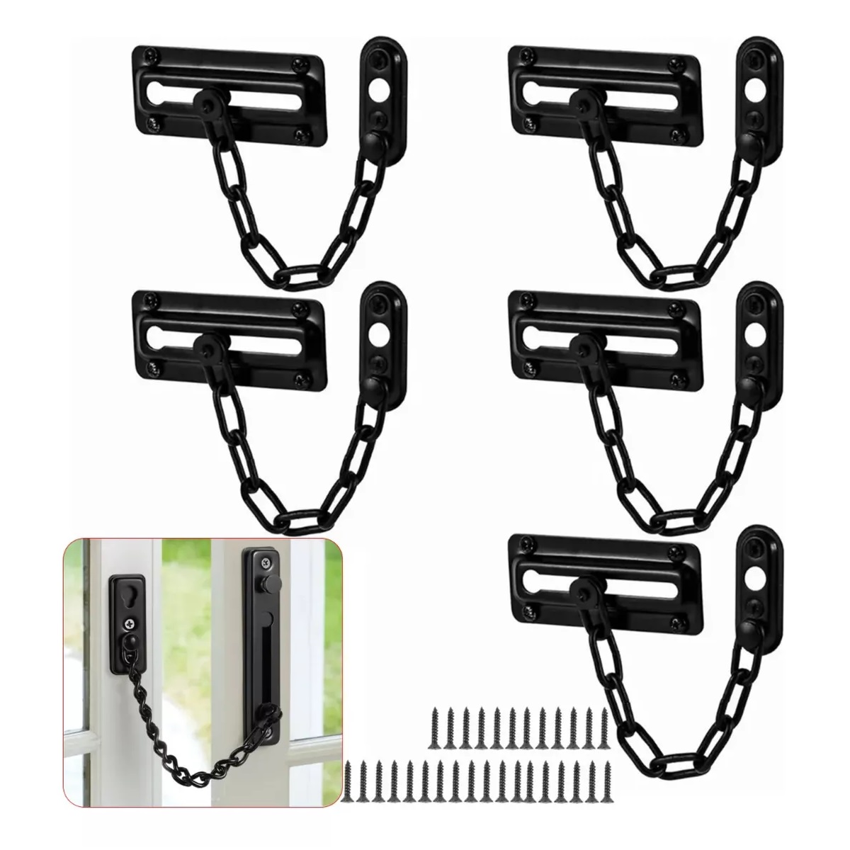 Set Pasador Con Cadena Seguro Para Puerta Color Negro 5 Pcs