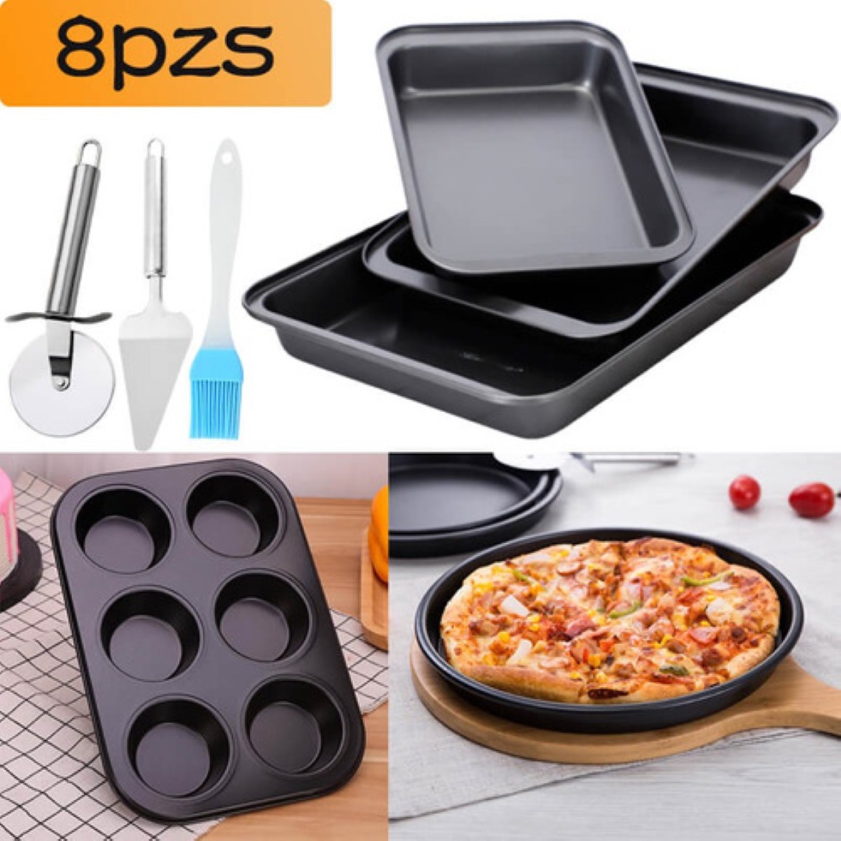 Set De 8 Moldes Charola Antiadherente Hornear Pan Reposteria Negro