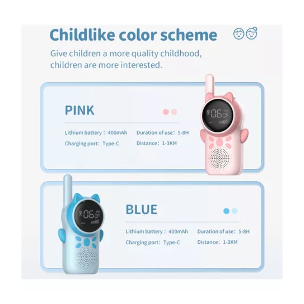 Radios Walkie Talkies Para Niños Pantalla A Color 2 Piezas azul/rosa