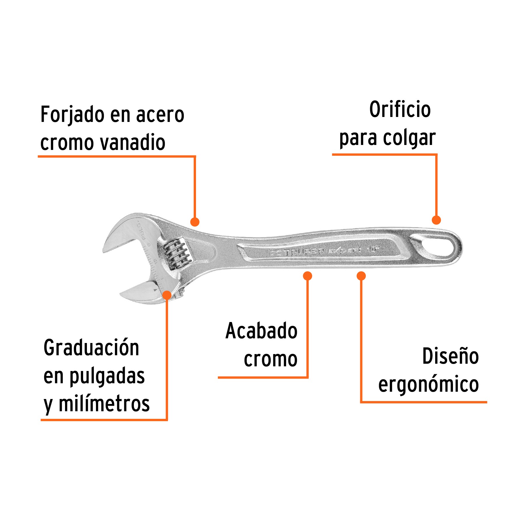 LLAVE AJUSTABLE (PERICO) 10" PROFESIONAL CROMADA, TRUPER EXPERT 15507