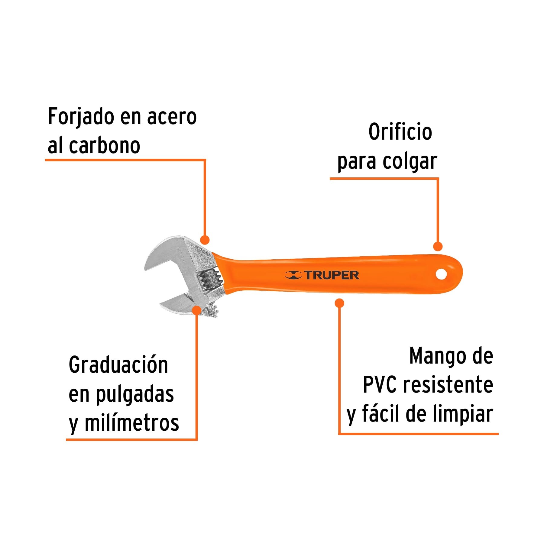 LLAVE AJUSTABLE (PERICO) 10" CROMADA MANGO DE PVC, TRUPER 15511