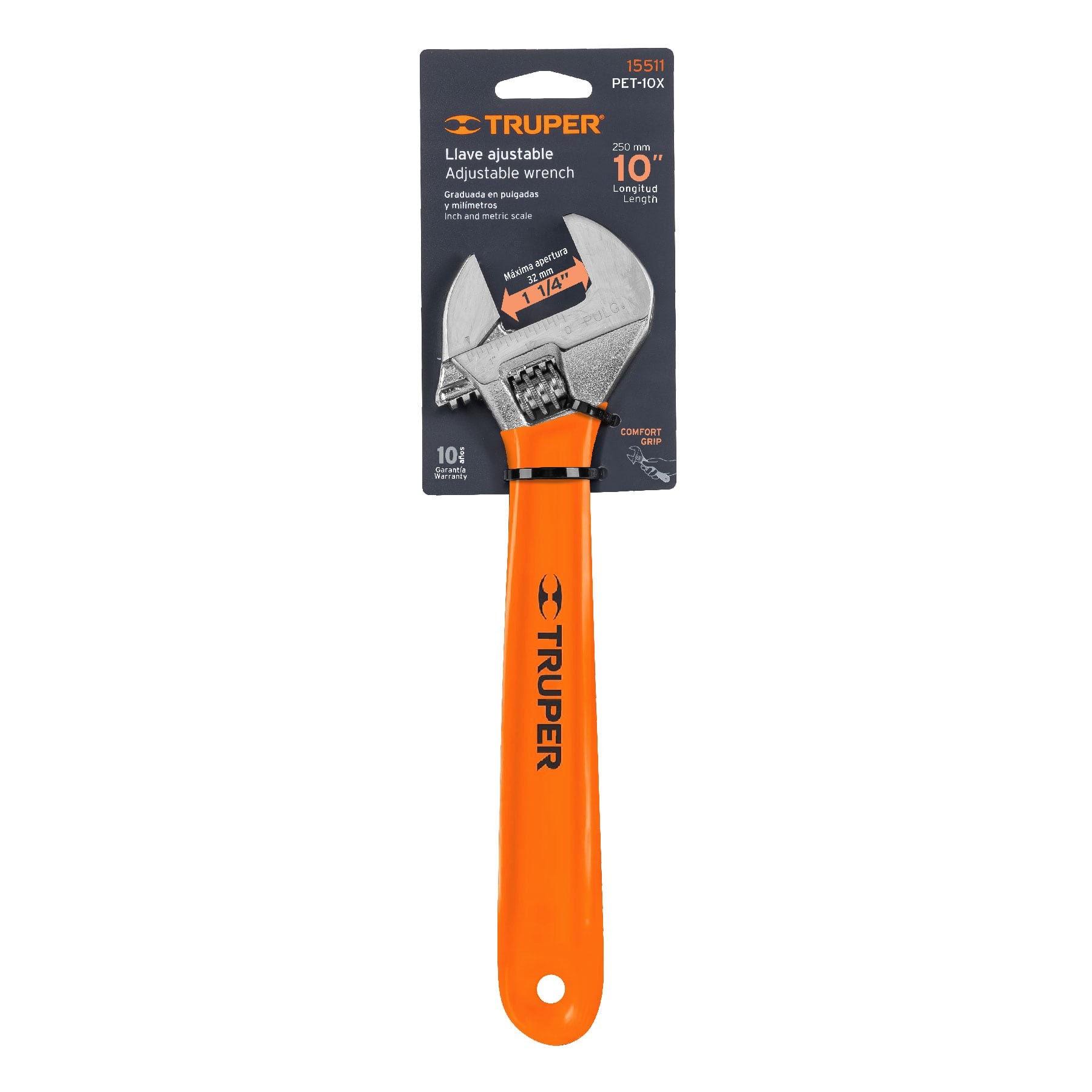 LLAVE AJUSTABLE (PERICO) 10" CROMADA MANGO DE PVC, TRUPER 15511