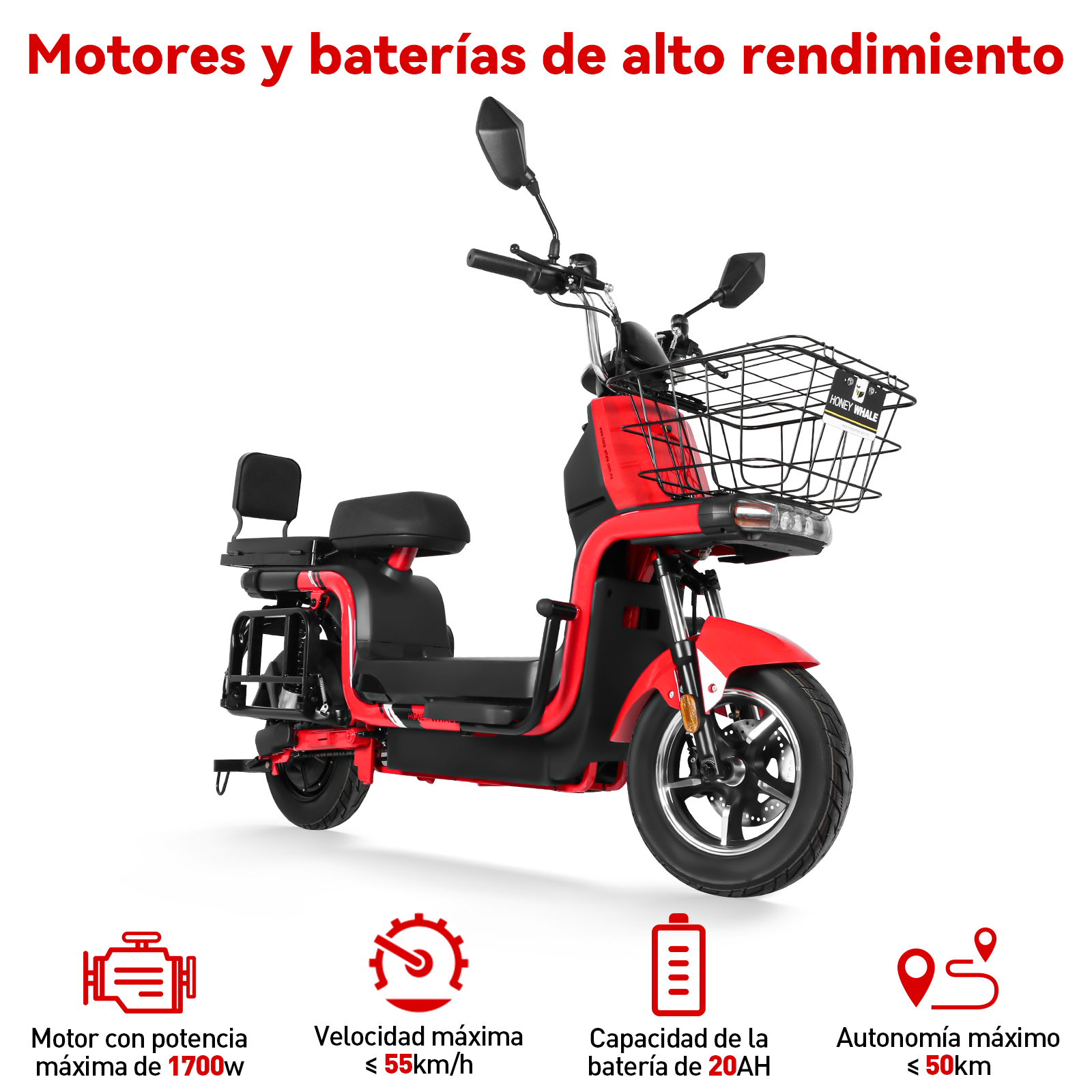 Motobici Eléctrica Honey Whale U7S Rojo.