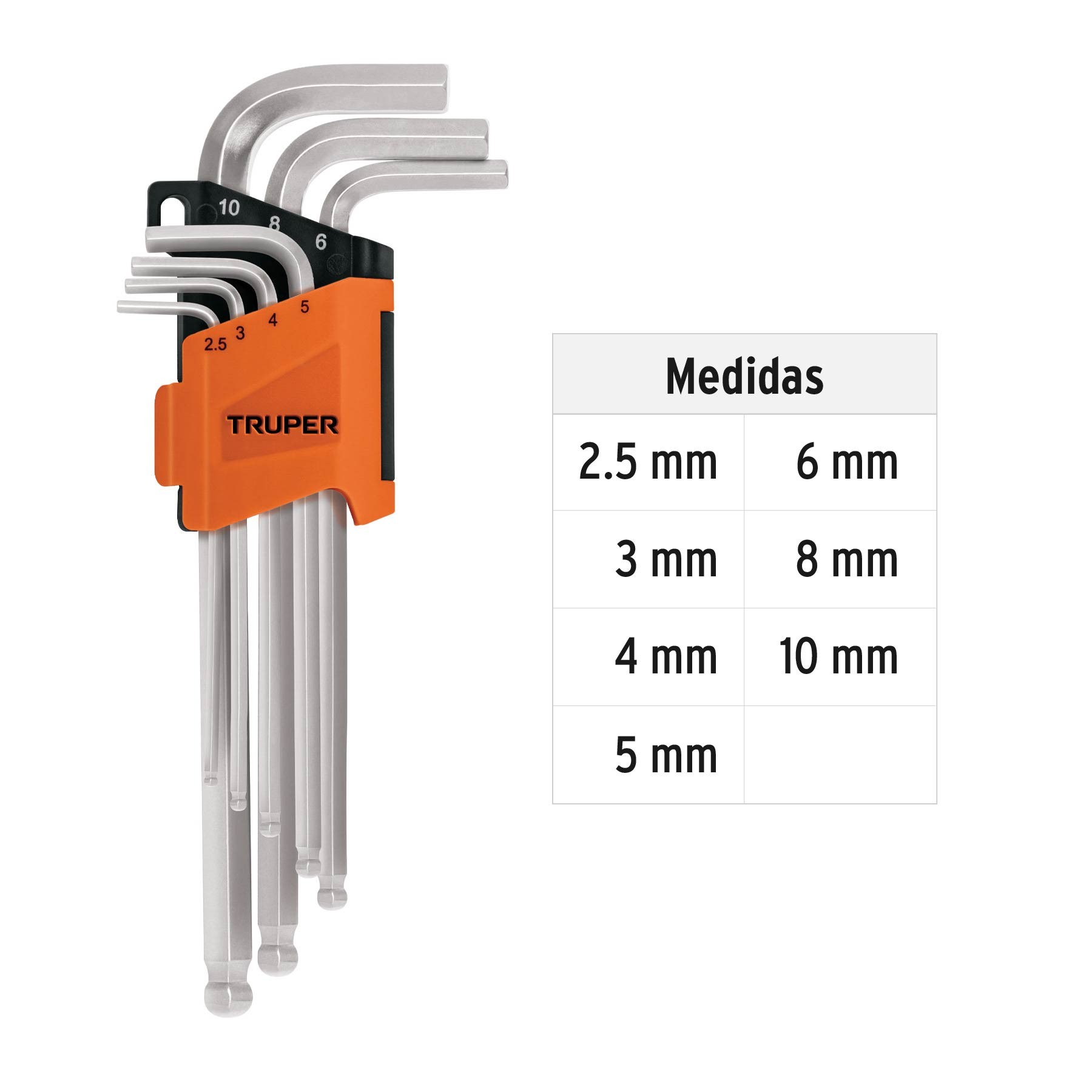 JUEGO 7 LLAVES ALLEN LARGAS MM PUNTA BOLA CON ORGANIZADOR TRUPER 15548