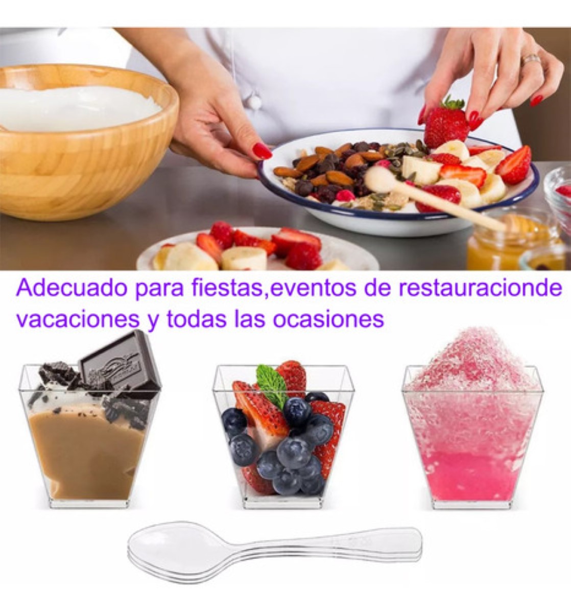 Vasos De Plástico Con Cucharas Para Postres, 100 Piezas transparente