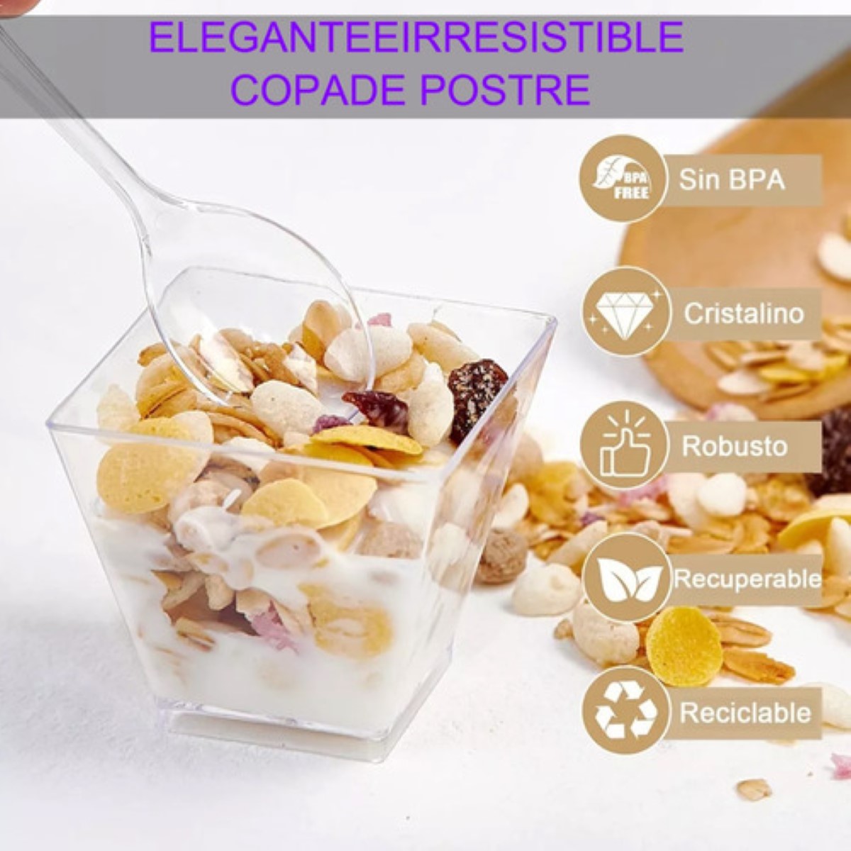 Vasos De Plástico Con Cucharas Para Postres, 100 Piezas transparente