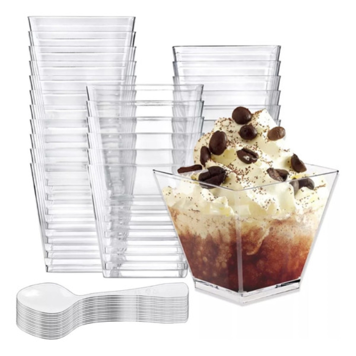 Vasos De Plástico Con Cucharas Para Postres, 100 Piezas transparente